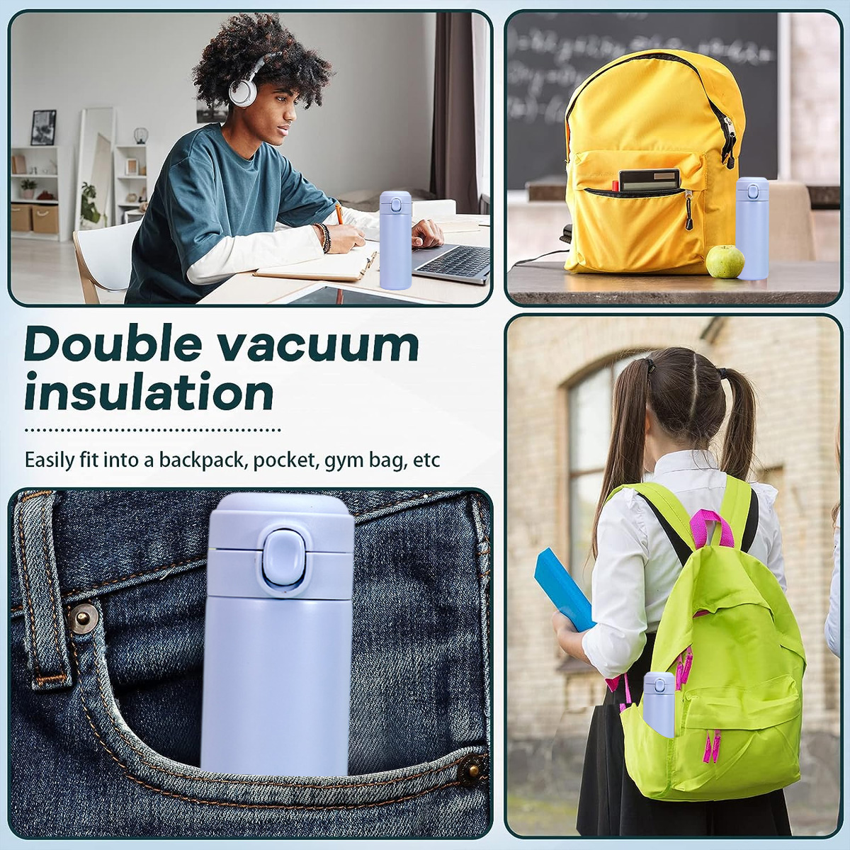 Das Bild zeigt eine Wasserflasche in der Nähe einer Person mit Kopfhörern, einem Rucksack und in einer Tasche. Text: Doppelte Vakuumisolierung.