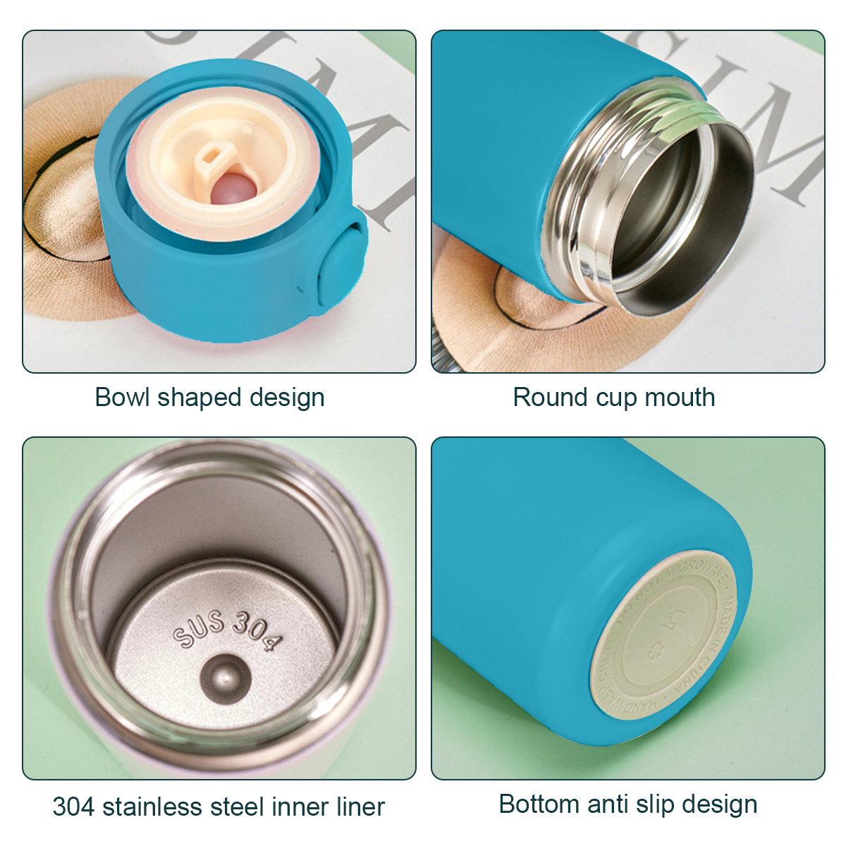 Vier Bilder zeigen einen blauen Becher: oben, Öffnung, Innenfutter und Boden. Merkmale sind Schalenform, runder Mund, Edelstahl und rutschfeste Basis.