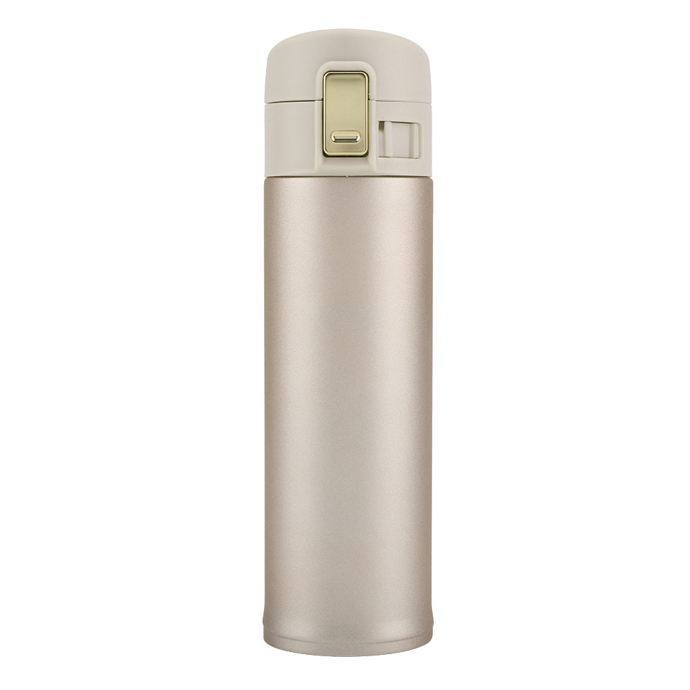 Eine metallische Isolierwasserflasche. Sie ist zylindrisch mit einem beigen Deckel und goldfarbenem Schloss.