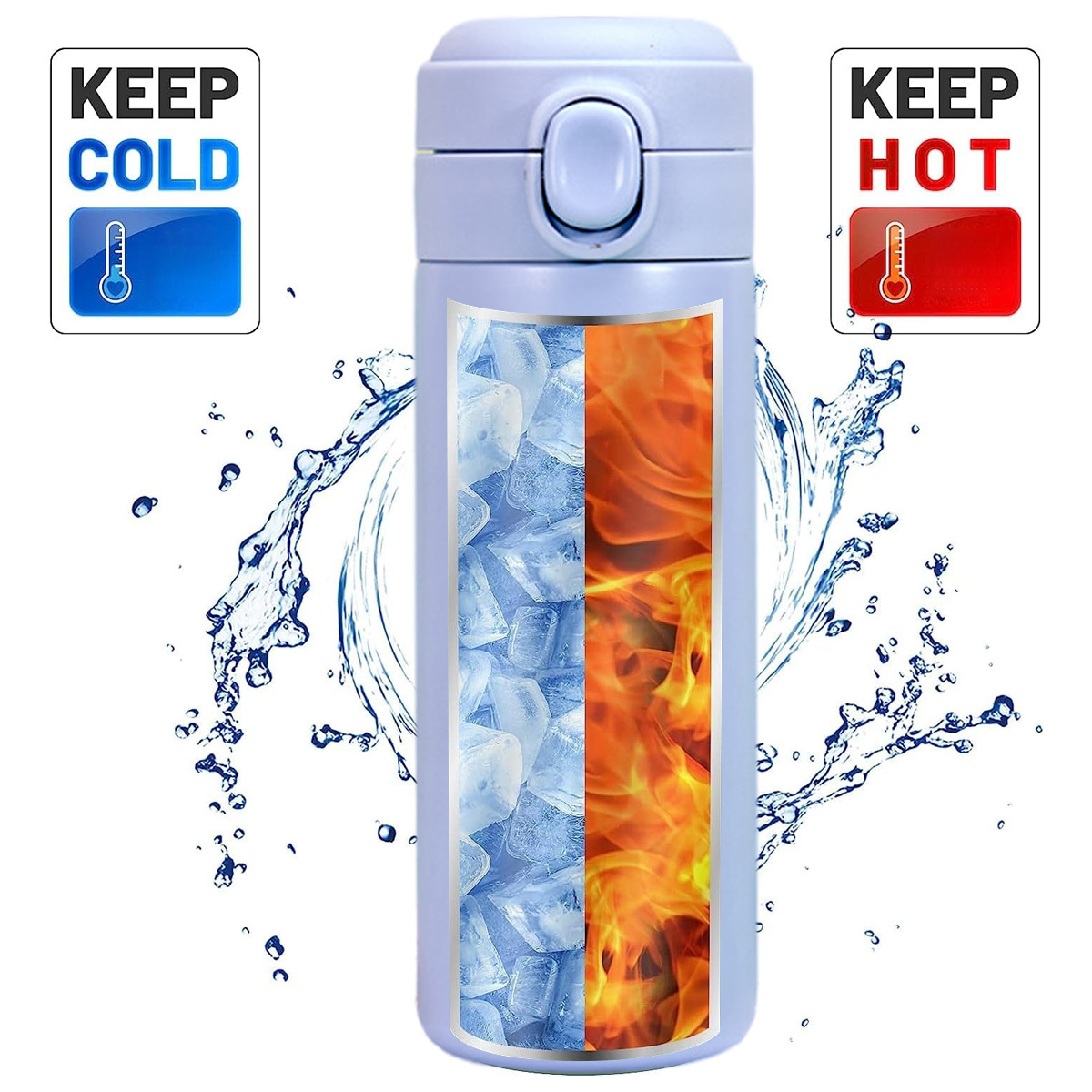 Eine hellviolette Thermoskanne mit Aufschriften 'Keep Cold/Hot'. Sie zeigt Eis- und Feuergrafiken. Wasser spritzt darum herum.