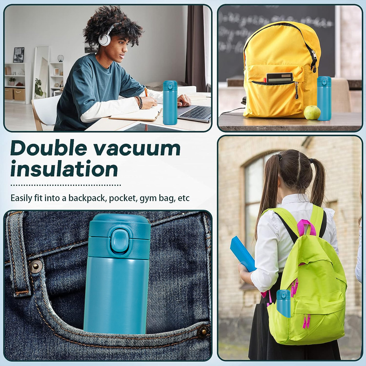Das Bild zeigt eine blaue Thermoskanne in verschiedenen Kontexten: Student, Rucksack, Tasche. Text: Doppelte Vakuumisolierung, passt in einen Rucksack.