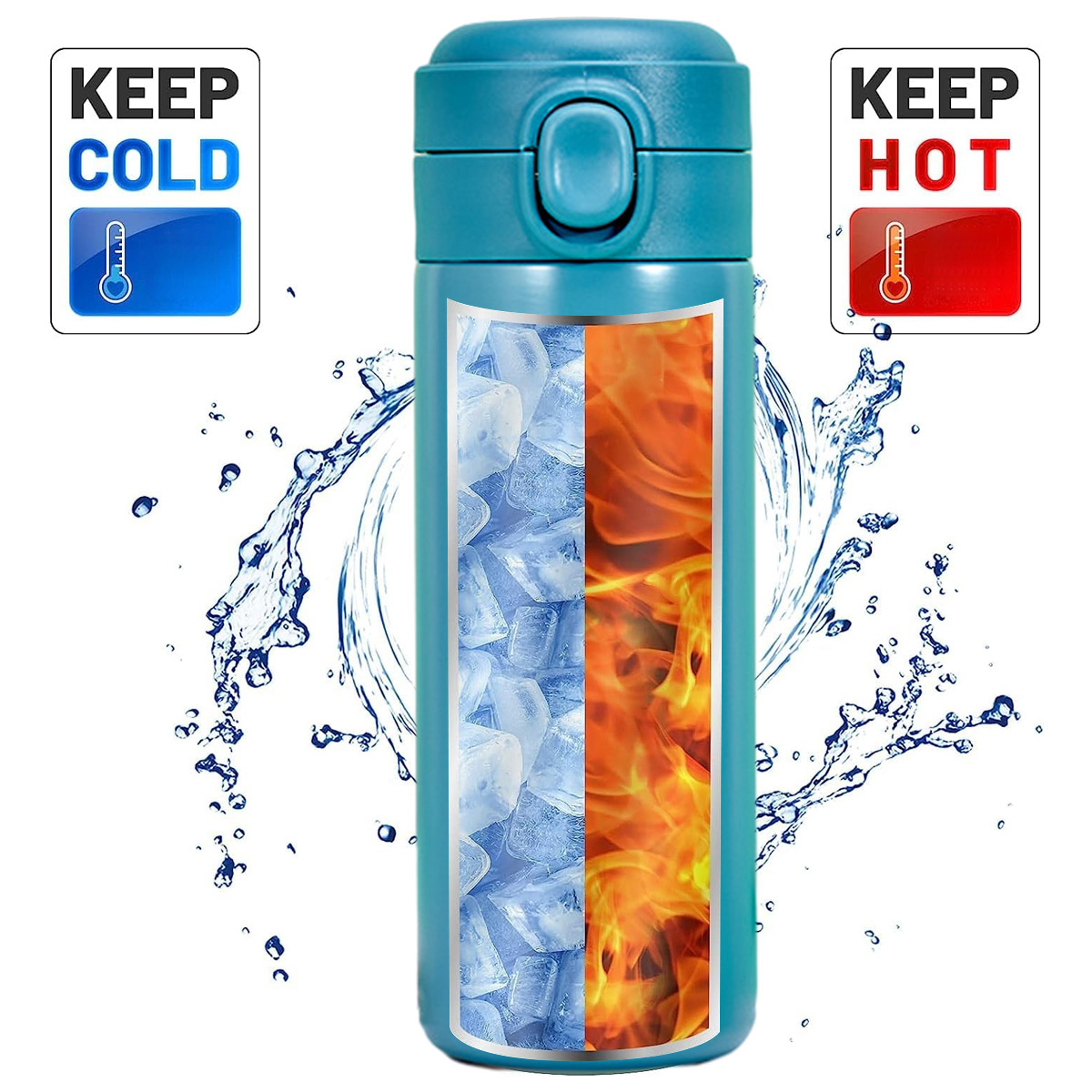 Eine türkisfarbene Isolierflasche mit den Aufschriften 'Keep Cold' und 'Keep Hot'. Die Flasche hat Eis- und Feuerbilder. Wasserspritzeffekt.