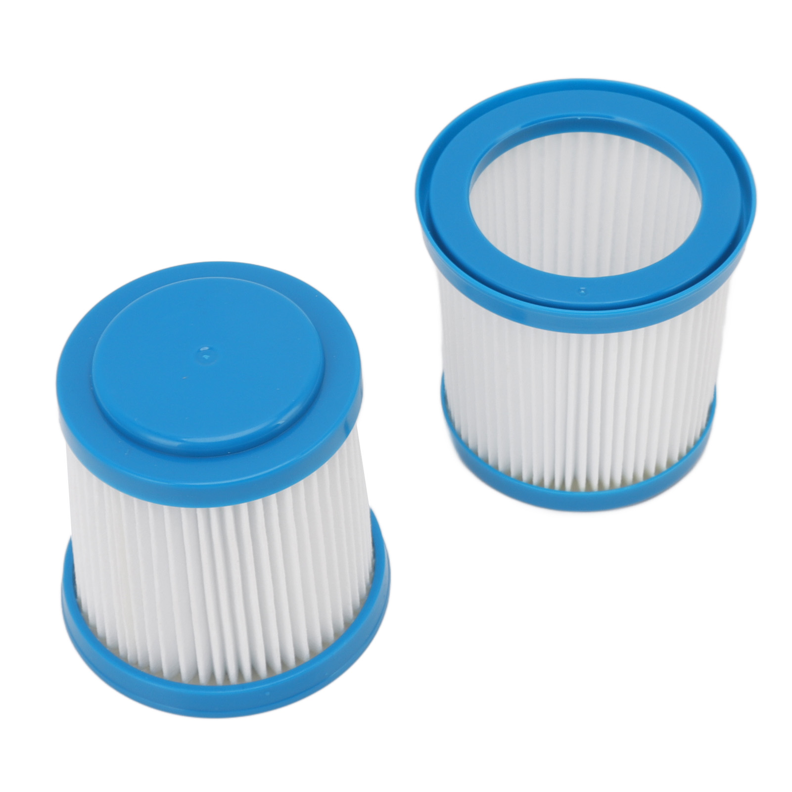 Zwei zylindrische Staubsaugerfilter. Sie haben blaue Ober- und Unterseiten mit weißem, plissiertem Filtermaterial.