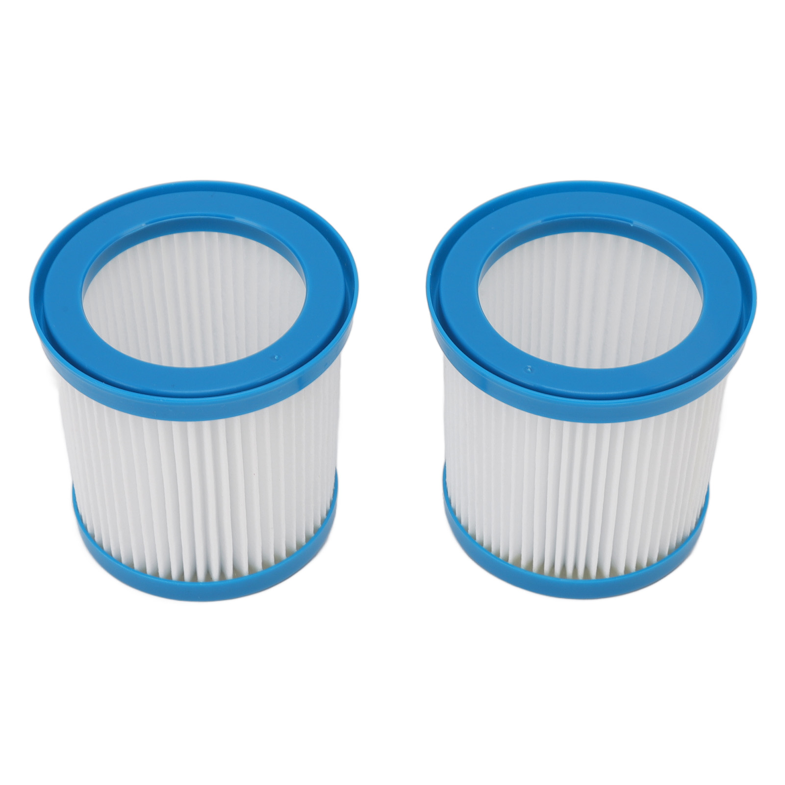 Zwei zylindrische Staubsaugerfilter. Jeder hat einen blauen oberen und unteren Teil, weißes plissiertes Papier.