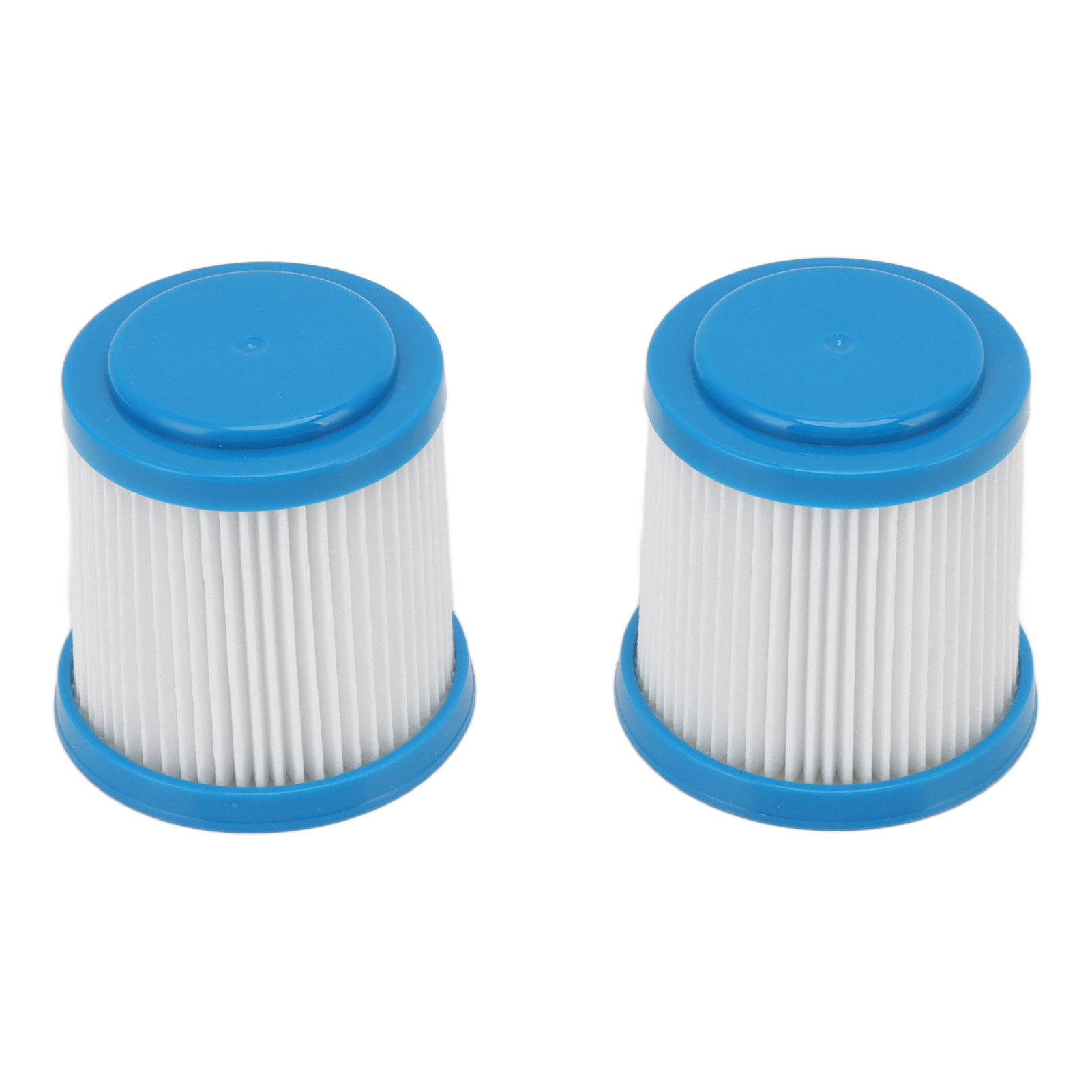 Zwei zylindrische Staubsaugerfilter. Jeder hat eine blaue Ober- und Unterseite. Das Filtermaterial ist weiß und gefaltet.