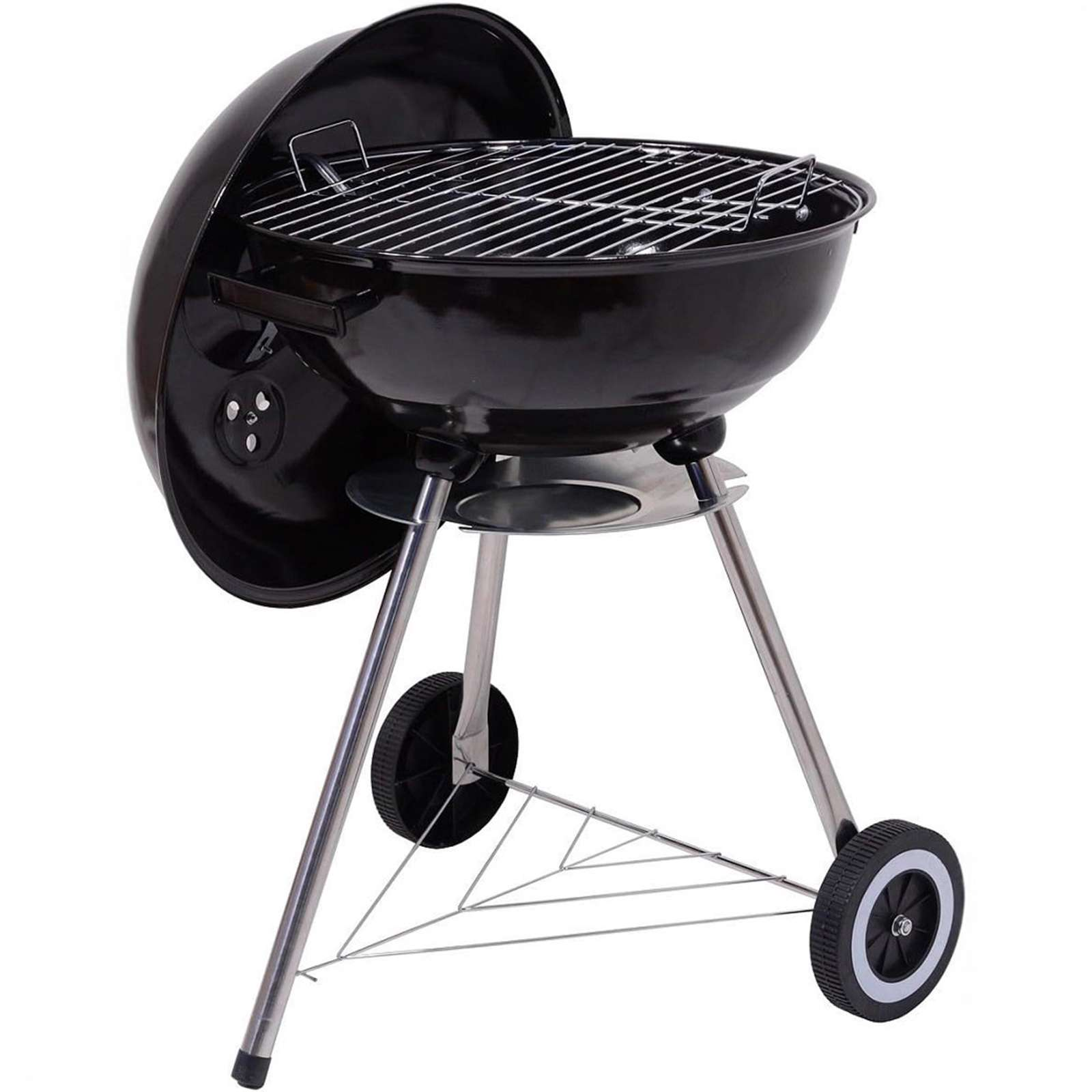 Ein schwarzer Holzkohlegrill mit offenem Deckel, Edelstahlbeinen und Rädern. Er steht auf weißem Hintergrund.