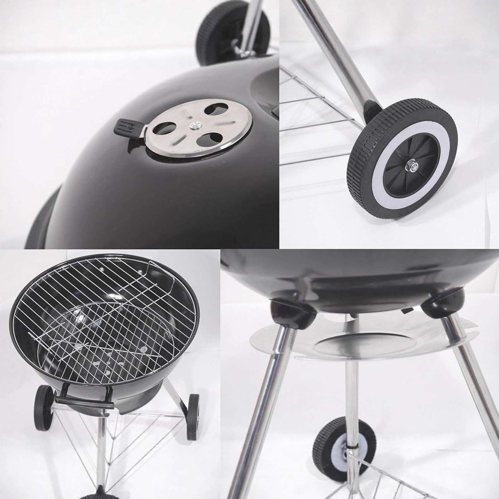 Ein schwarzer Holzkohlegrill mit Deckel, Rädern und einem Chromauslass. Der Grill steht vor weißem Hintergrund.