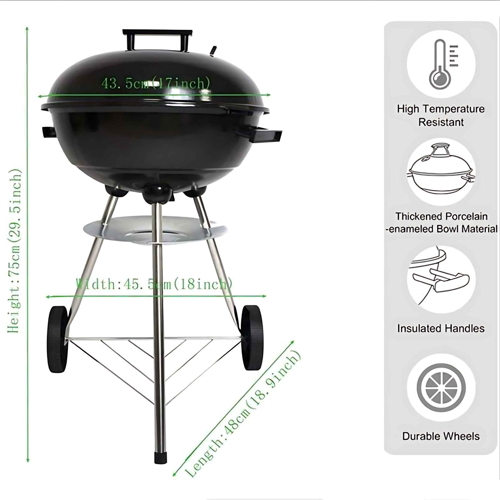 Ein schwarzer Grill mit Maßangaben. Zu den Merkmalen gehören Räder, Griffe und ein hitzebeständiges Design.