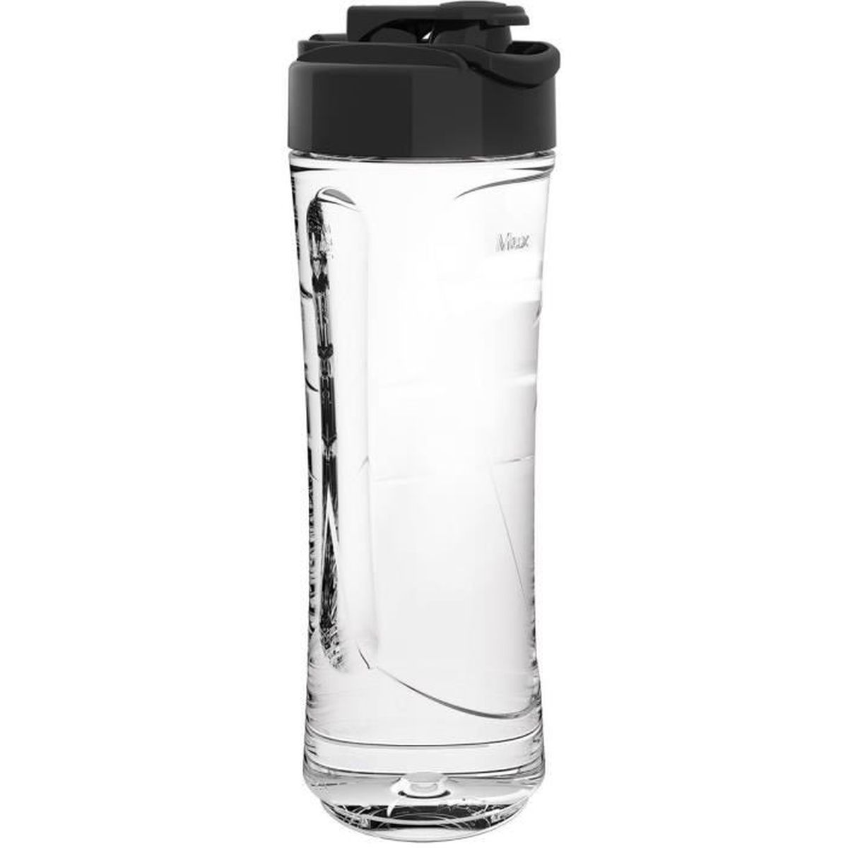 Eine durchsichtige Wasserflasche mit schwarzem Deckel. Die Flasche ist zylindrisch. Innen befindet sich Wasser. Eine 'Max'-Markierung ist sichtbar.