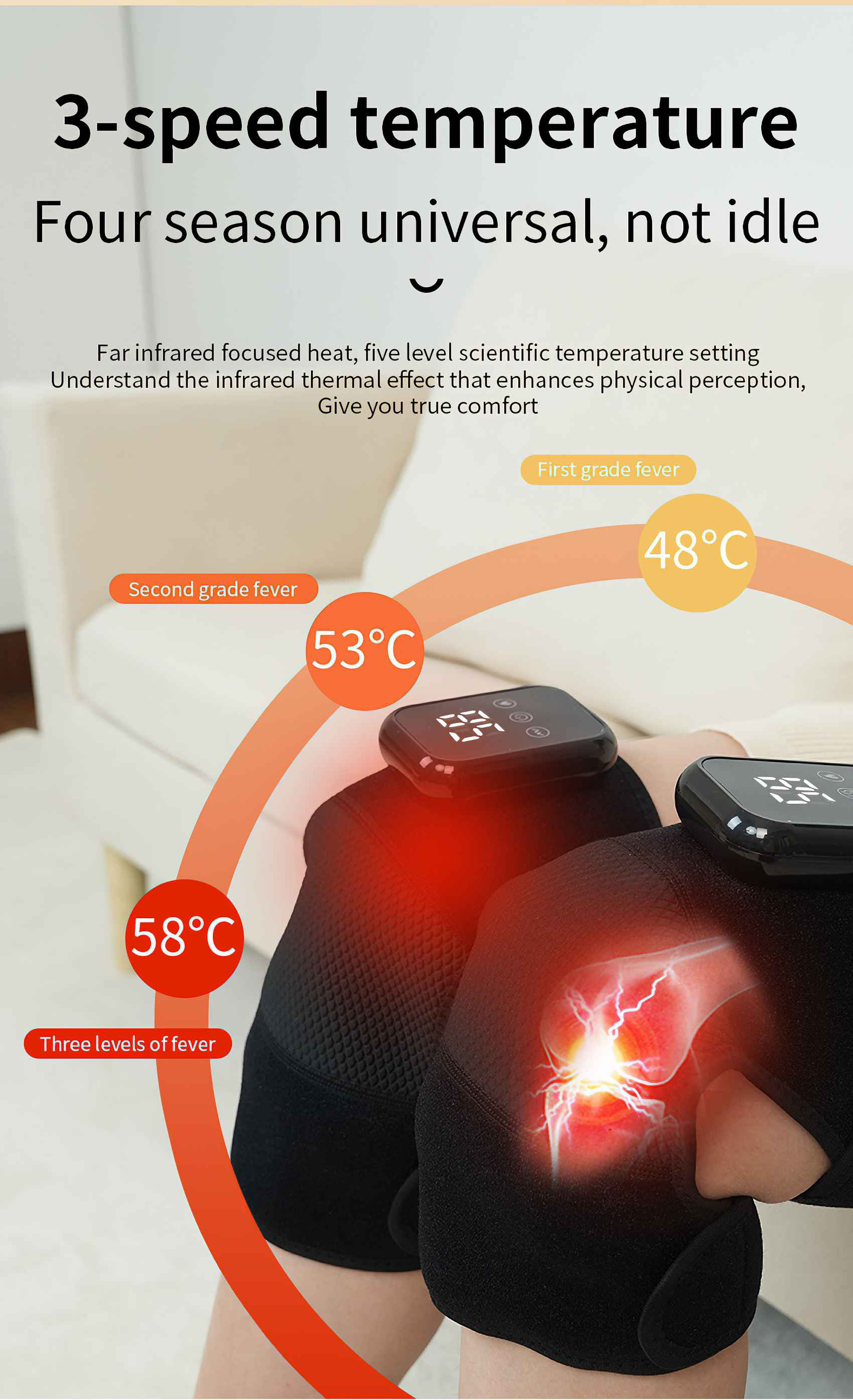 Bild zeigt Knieheizkissen mit Temperaturanzeigen. Etiketten zeigen Temperaturstufen: 48°C, 53°C, 58°C.