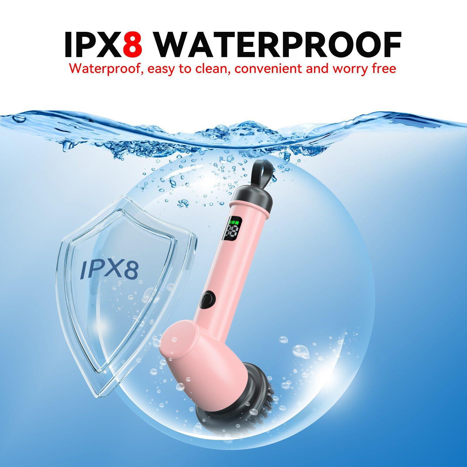 Eine pinkfarbene, wasserdichte Reinigungsbürste, die in Wasser getaucht ist. Sie hat einen schwarzen Bürstenkopf und ein Digitaldisplay.