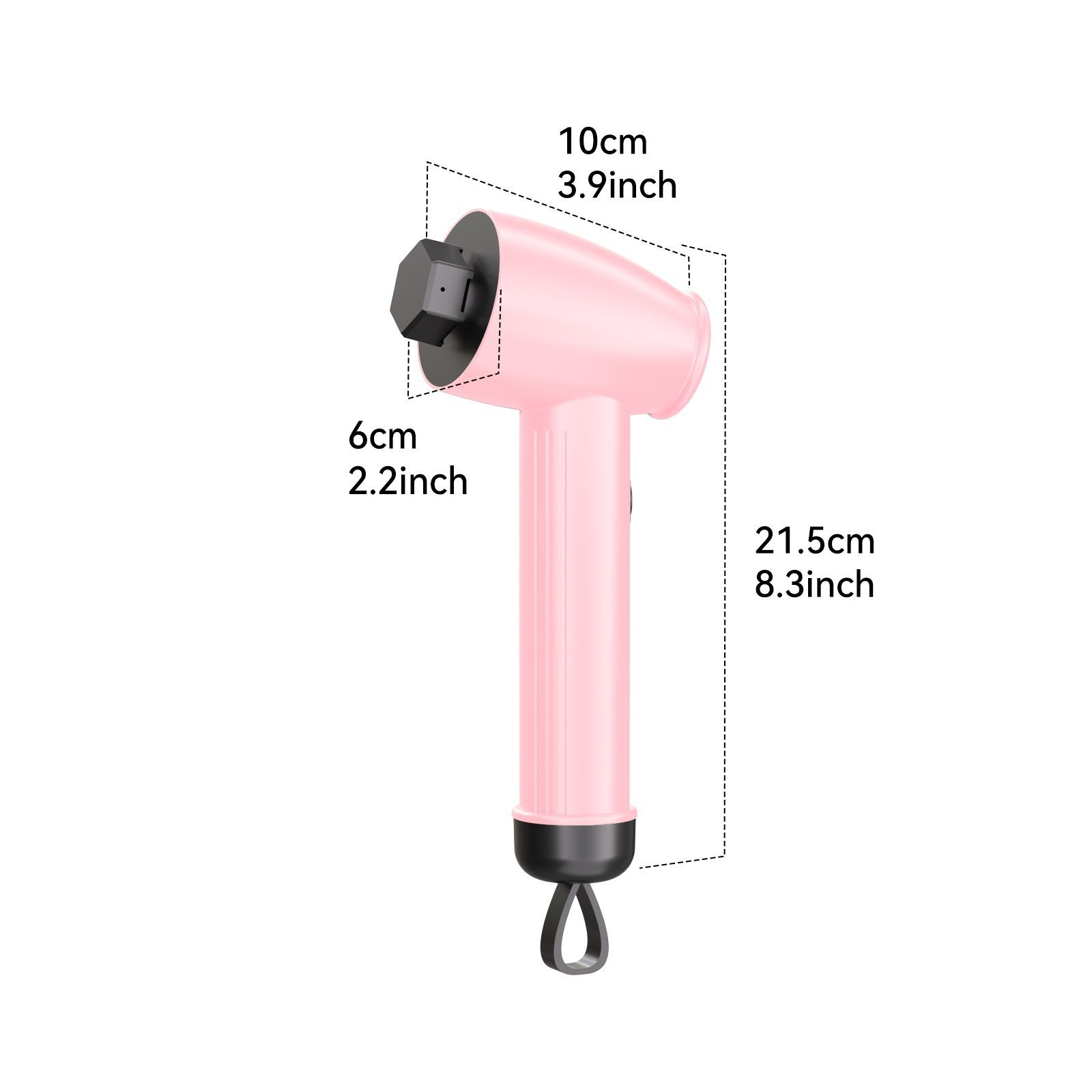 Ein rosa, T-förmiges Gerät mit schwarzem Ober- und Unterteil. Abmessungen sind in cm und Zoll angegeben.