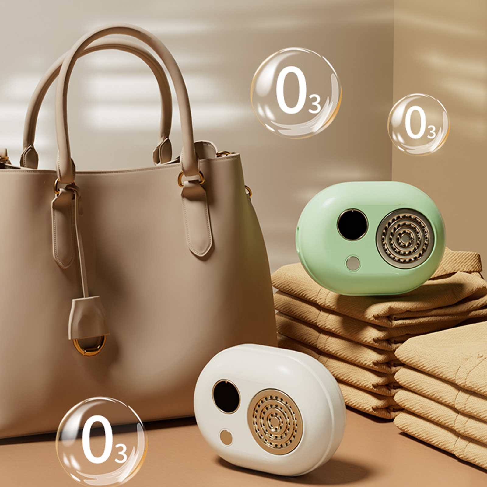 Eine beige Handtasche, zwei kleine Ozongeneratoren (grün und weiß) und Handtücher liegen auf einer beigen Oberfläche.