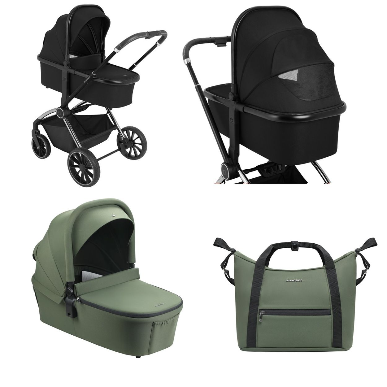 Un cochecito negro, un primer plano del cochecito, un capazo verde y una bolsa verde con la marca Kikkaboo.