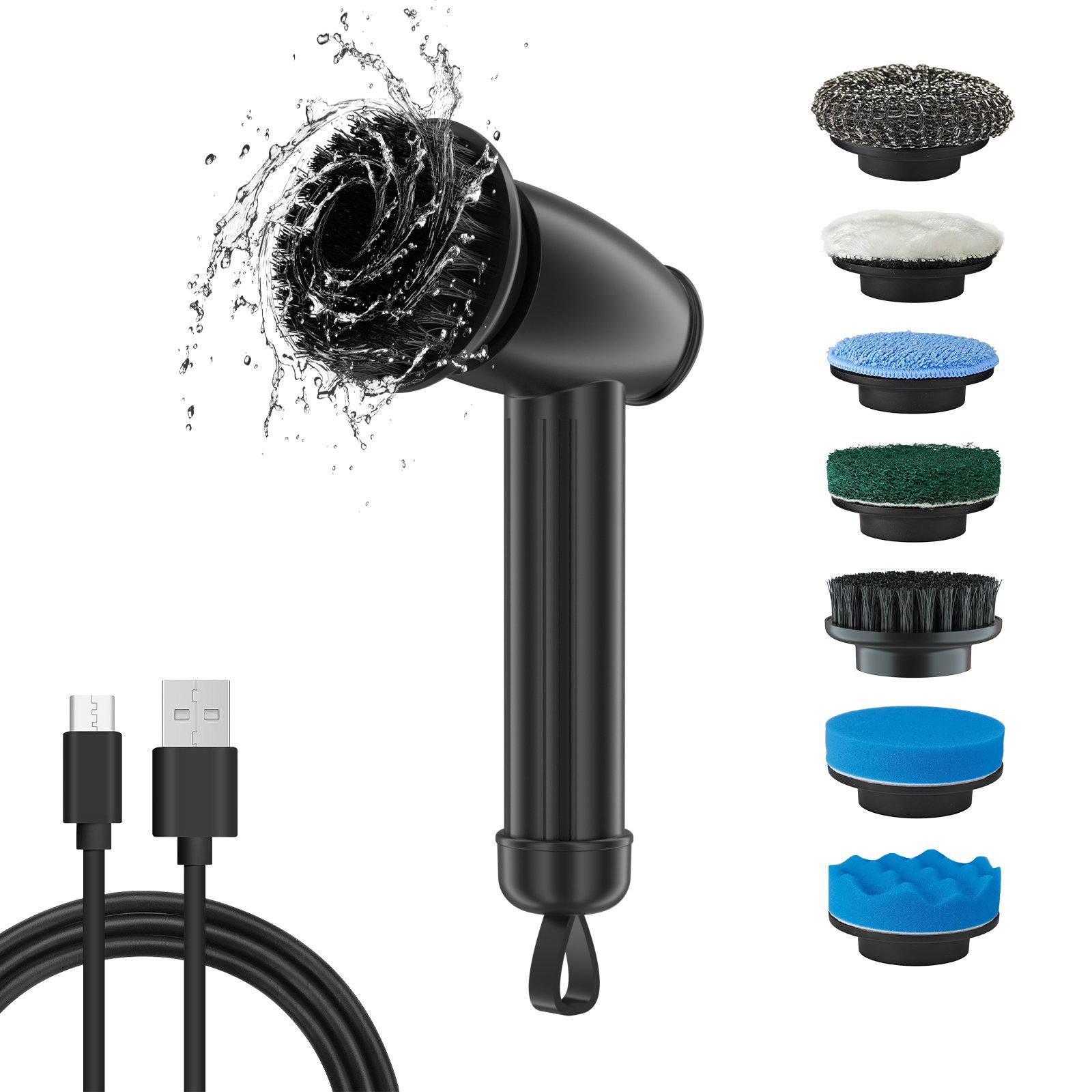Schwarze elektrische Reinigungsbürste mit Wasserspritzern. Enthält verschiedene Reinigungsköpfe und USB-Kabel.