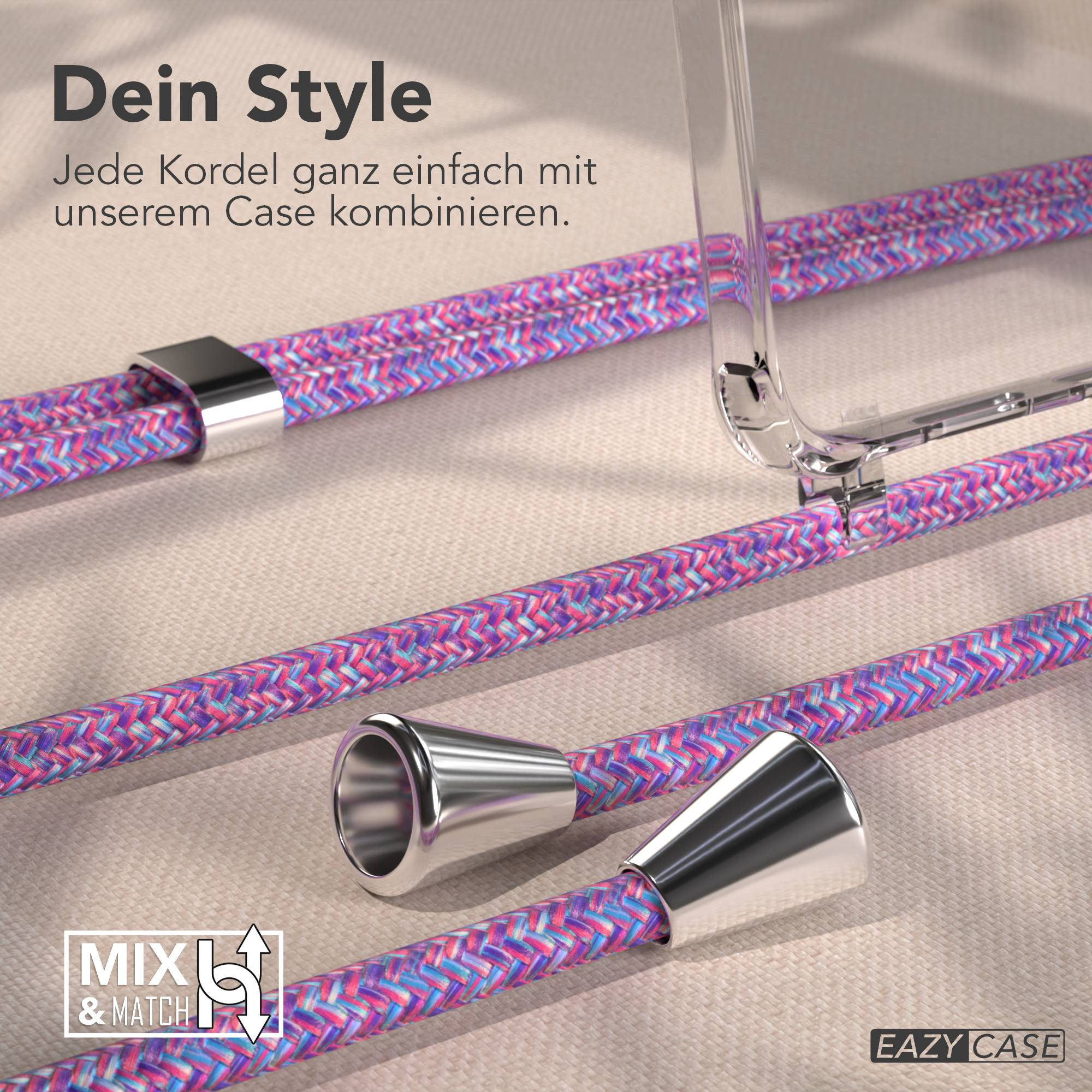 Das Bild zeigt Kordeln mit rosa, blauen und lila Mustern, Metallenden und eine transparente Handyhülle.