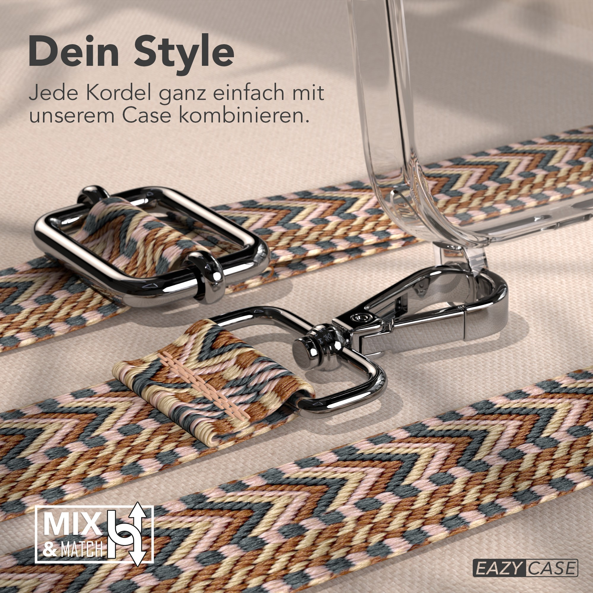 Das Bild zeigt Handystraps mit silbernen Verschlüssen und gewebten Mustern in Braun, Beige und Grau, mit einer klaren Handyhülle.
