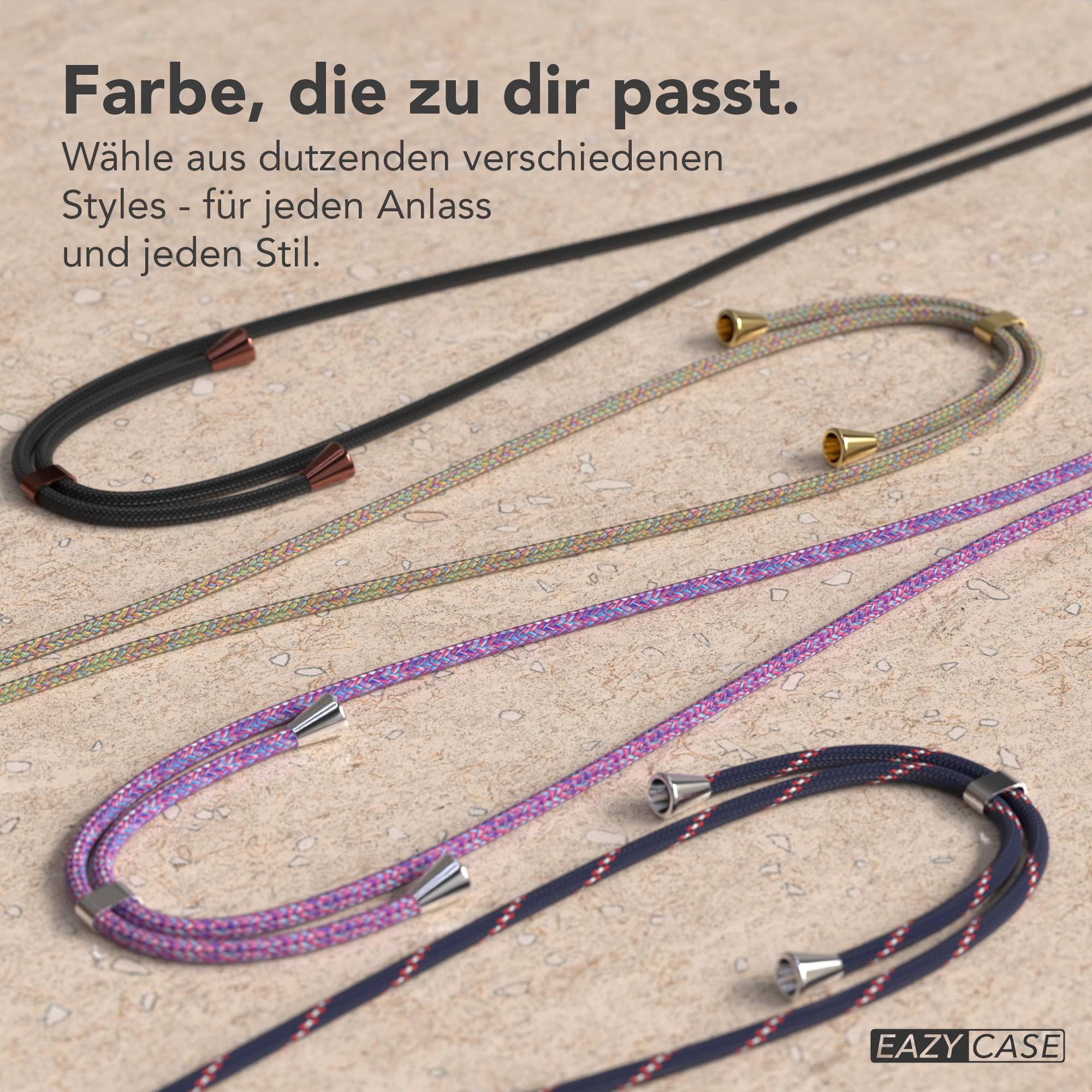 Nahaufnahme von Handy-Schlaufen in Schwarz, Mehrfarbig, Lila und Marineblau mit verschiedenen Metallenden.