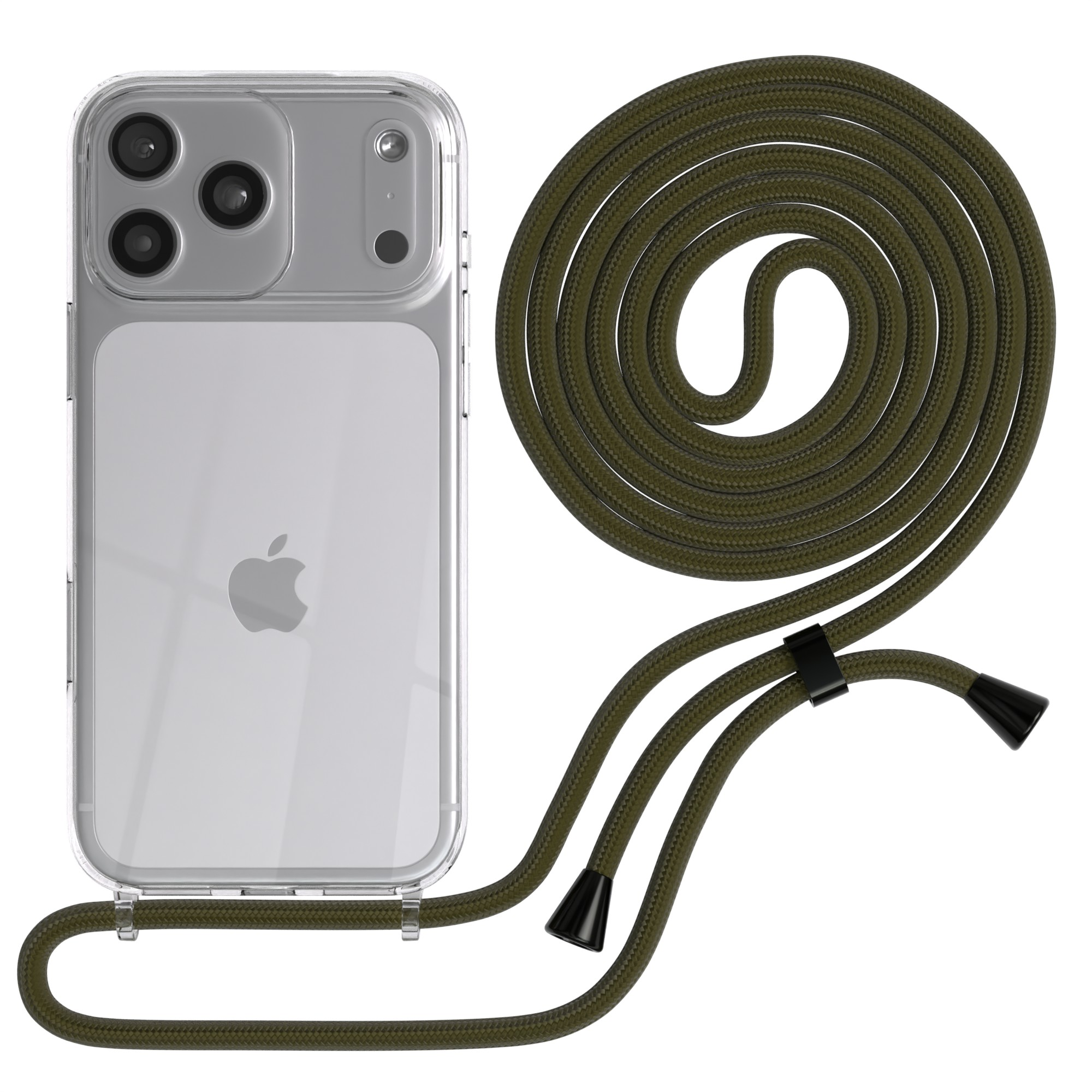 Klar Handyhülle mit grünem Lanyard. Telefon hat mehrere Kameras. Das Lanyard ist olivgrün und schwarz. Weißer Hintergrund.
