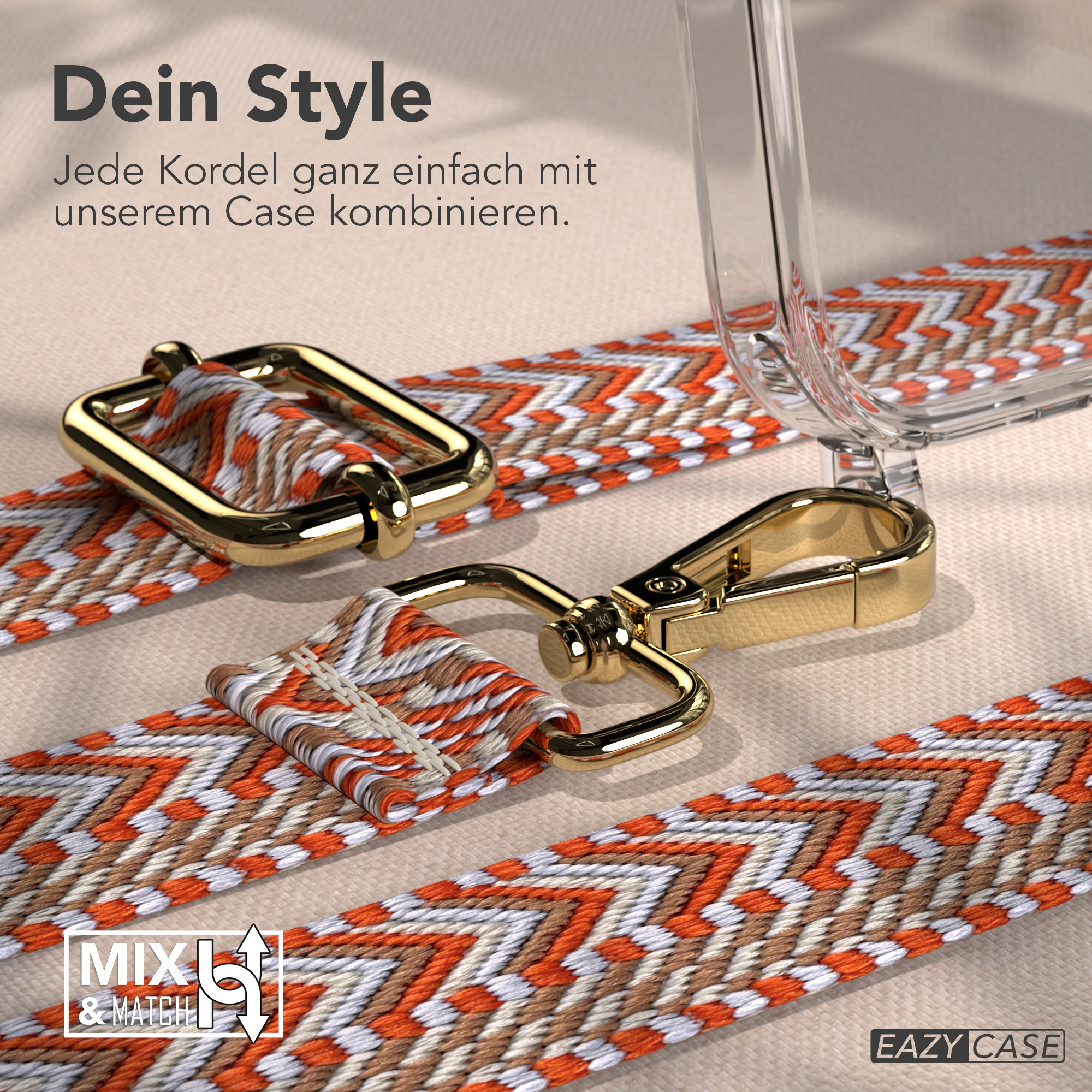 Das Bild zeigt einen Telefonriemen mit goldener Hardware und einem gemusterten Riemen in Orange, Weiß und Braun. Eine Handyhülle ist sichtbar.