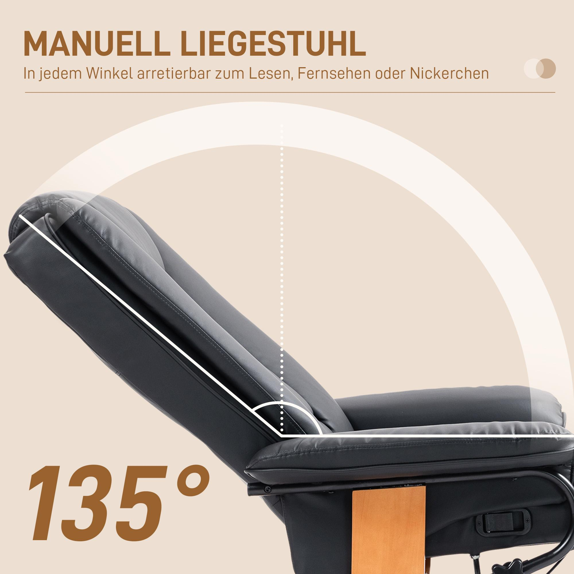 Ein Ruhesessel ist in einem 135-Grad-Winkel dargestellt. Der Stuhl ist schwarz mit Holzakzenten. Der Text lautet: 'MANUELL LIEGESTUHL'.