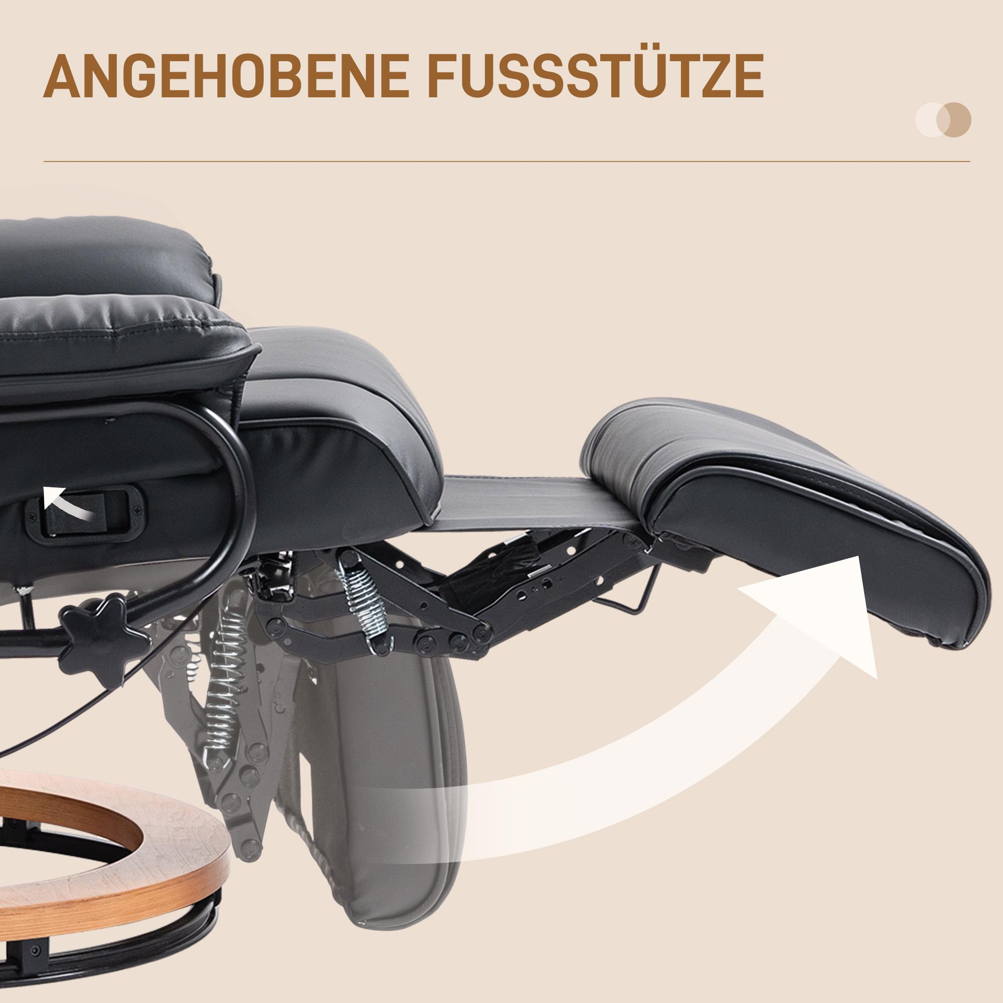 Schwarzer Relaxsessel mit hochgestellter Fußstütze. Ein weißer Pfeil zeigt das Anheben der Fußstütze. Brauner Hintergrund.