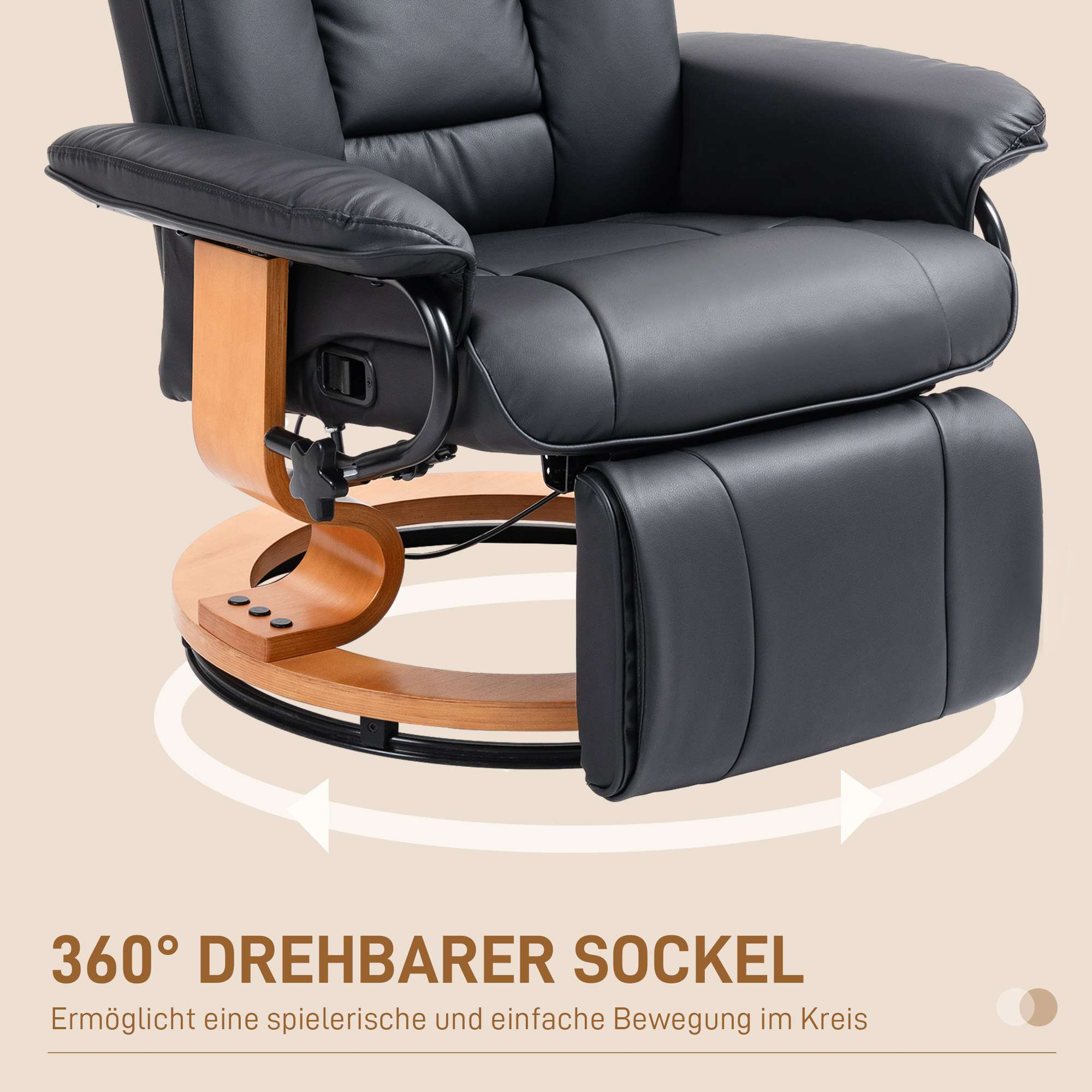 Schwarzer Leder-Relaxsessel mit Holzsockel. Pfeile zeigen 360-Grad-Drehung. Text: '360° DREHBARER SOCKEL'.