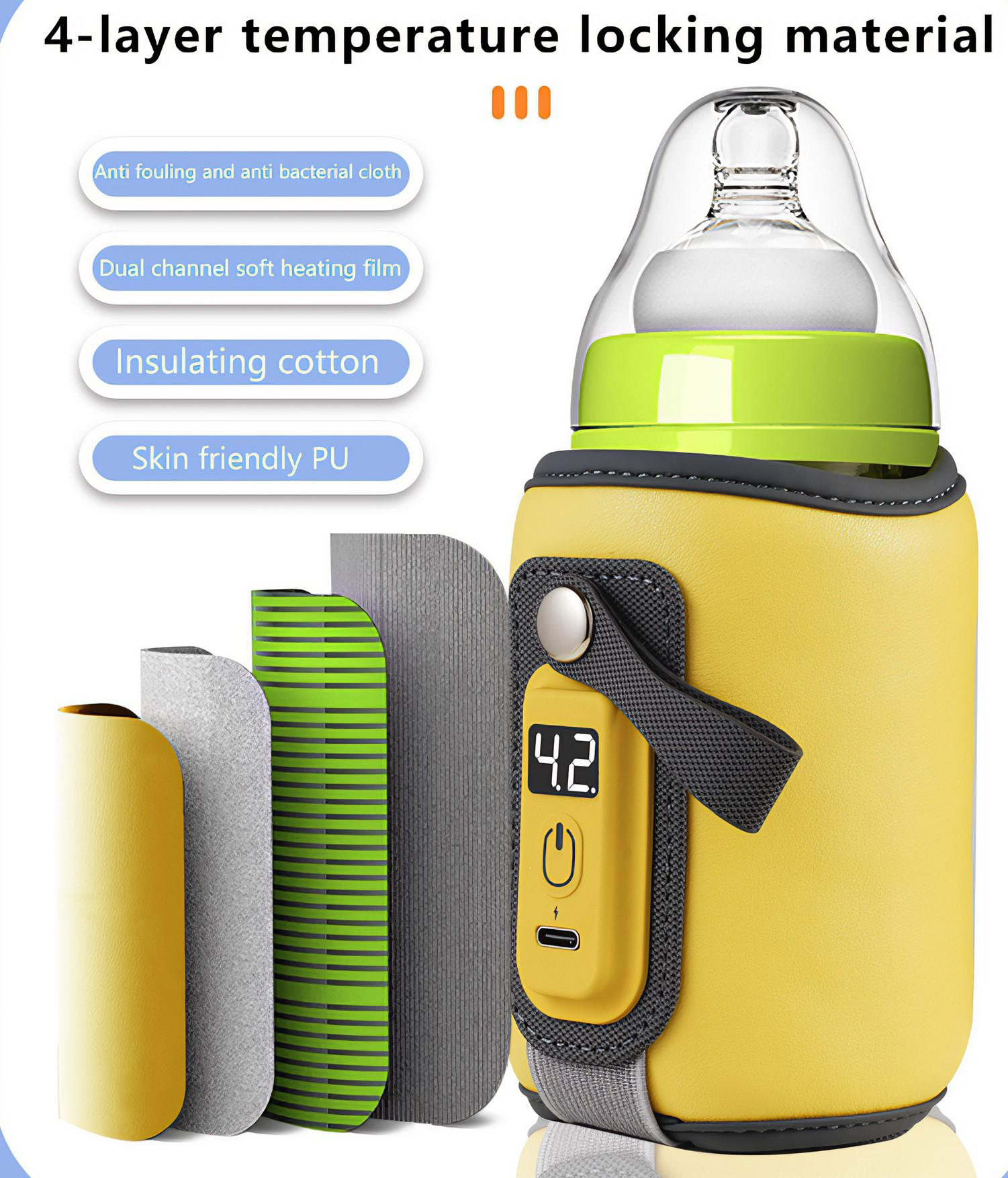 Ein gelber Babyflaschenwärmer mit Digitalanzeige, Materialschichten und einer Flasche. Text-Overlays heben seine Funktionen hervor.