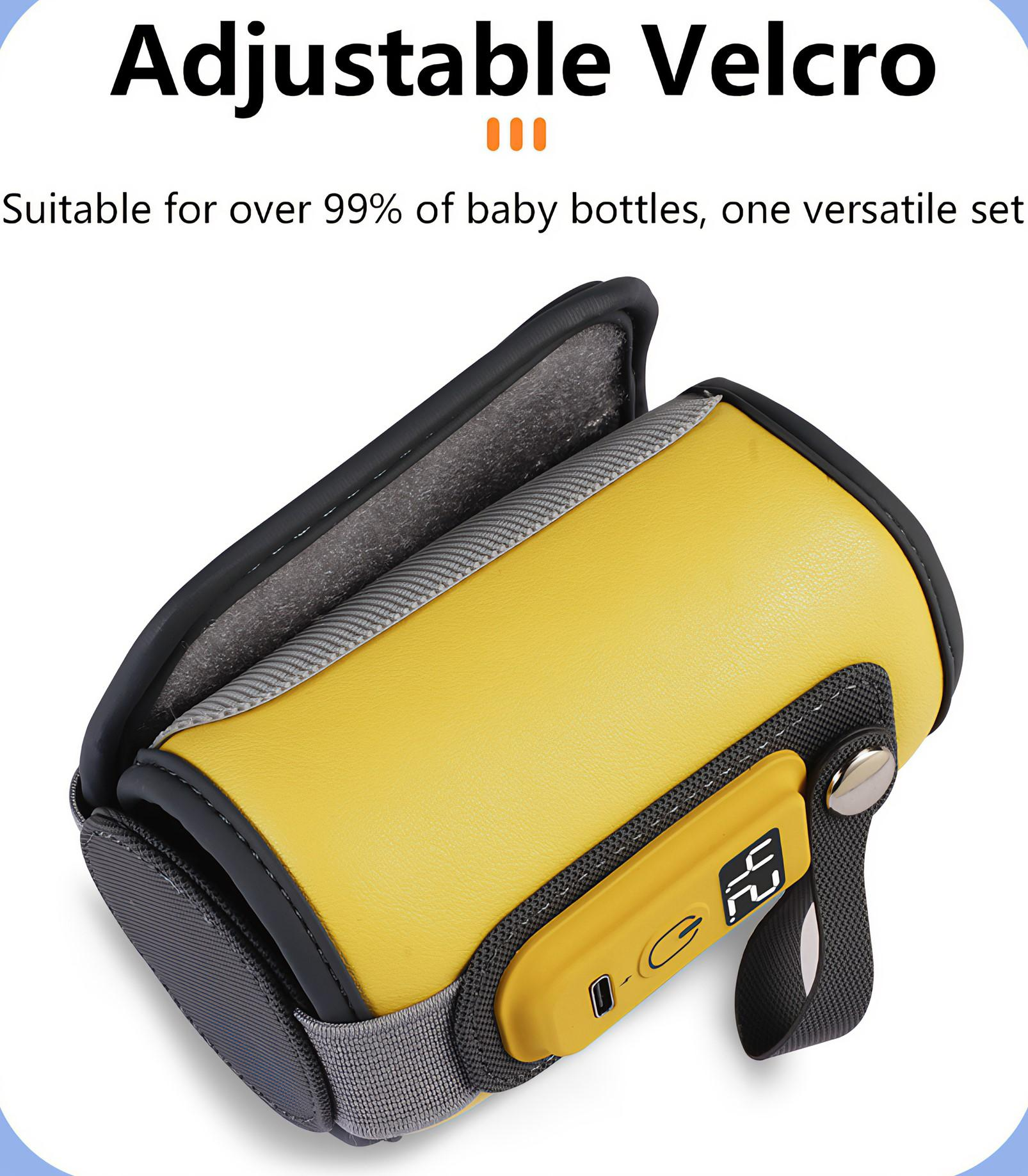 Gelber und grauer Babyflaschenwärmer mit verstellbarem Klettverschluss. Hat einen Ein- / Aus-Knopf und einen USB-Anschluss.