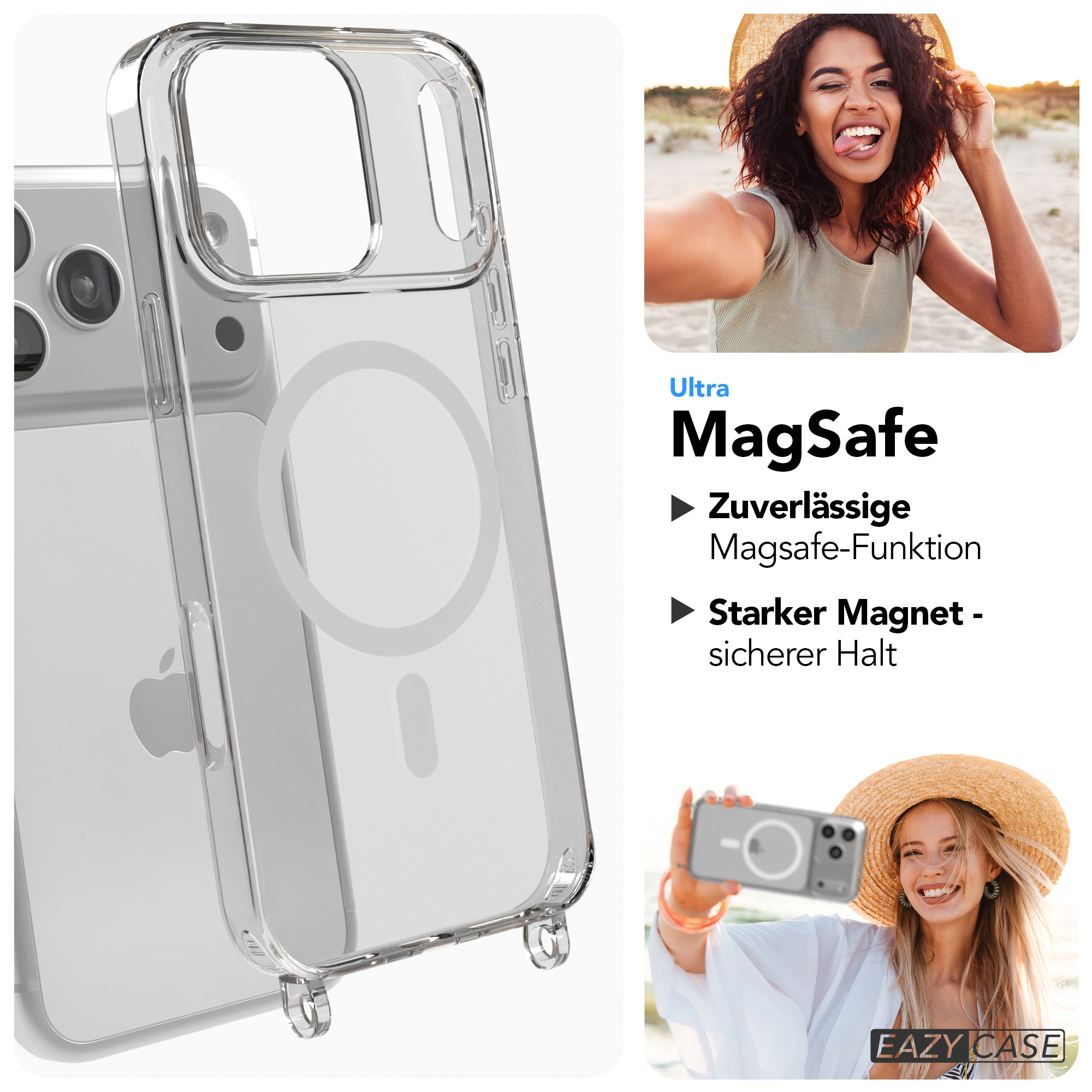Transparente Handyhülle auf iPhone. Zwei Frauen machen Selfies. Text: Ultra MagSafe. Eigenschaften aufgeführt.