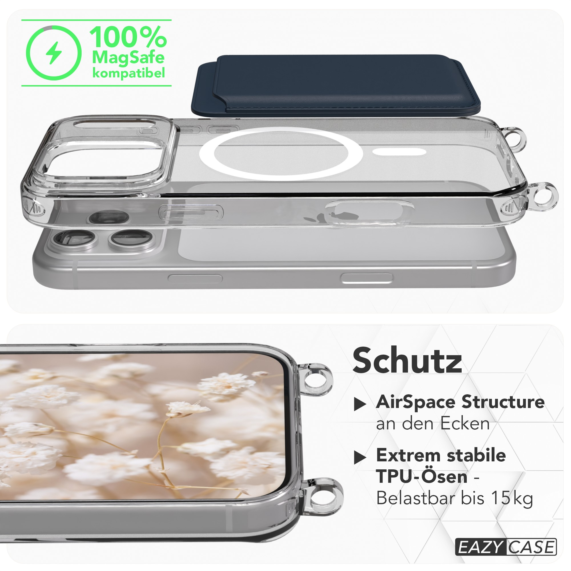 Transparente Handyhülle mit MagSafe-Kompatibilität. Eine dunkelblaue Brieftasche liegt oben auf. Weißes Blumenbild auf dem Handybildschirm.
