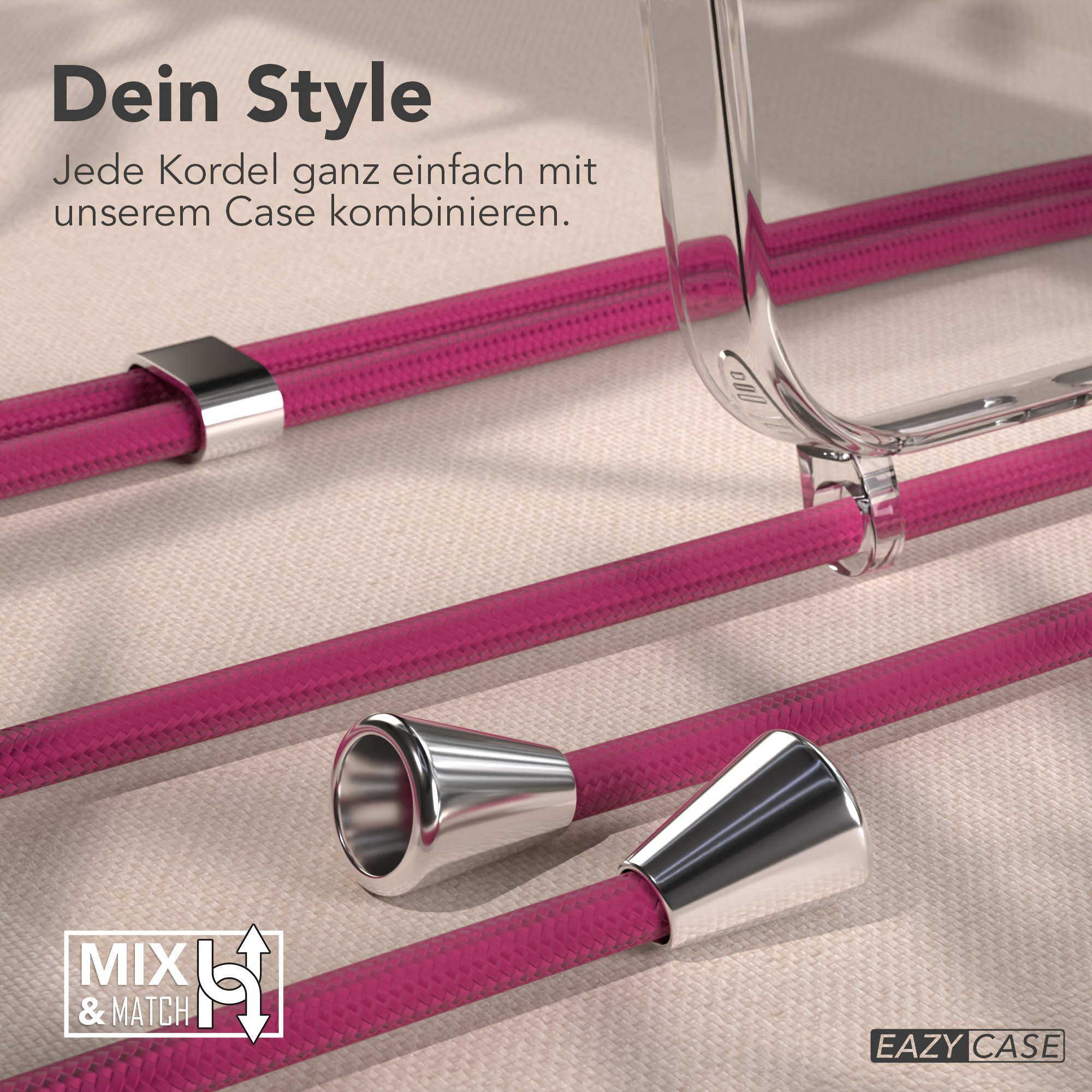 Pinke Kordeln mit silbernen Kappen und Hülle. 'Mix & Match'-Logo und 'Eazy Case'-Label sind sichtbar.