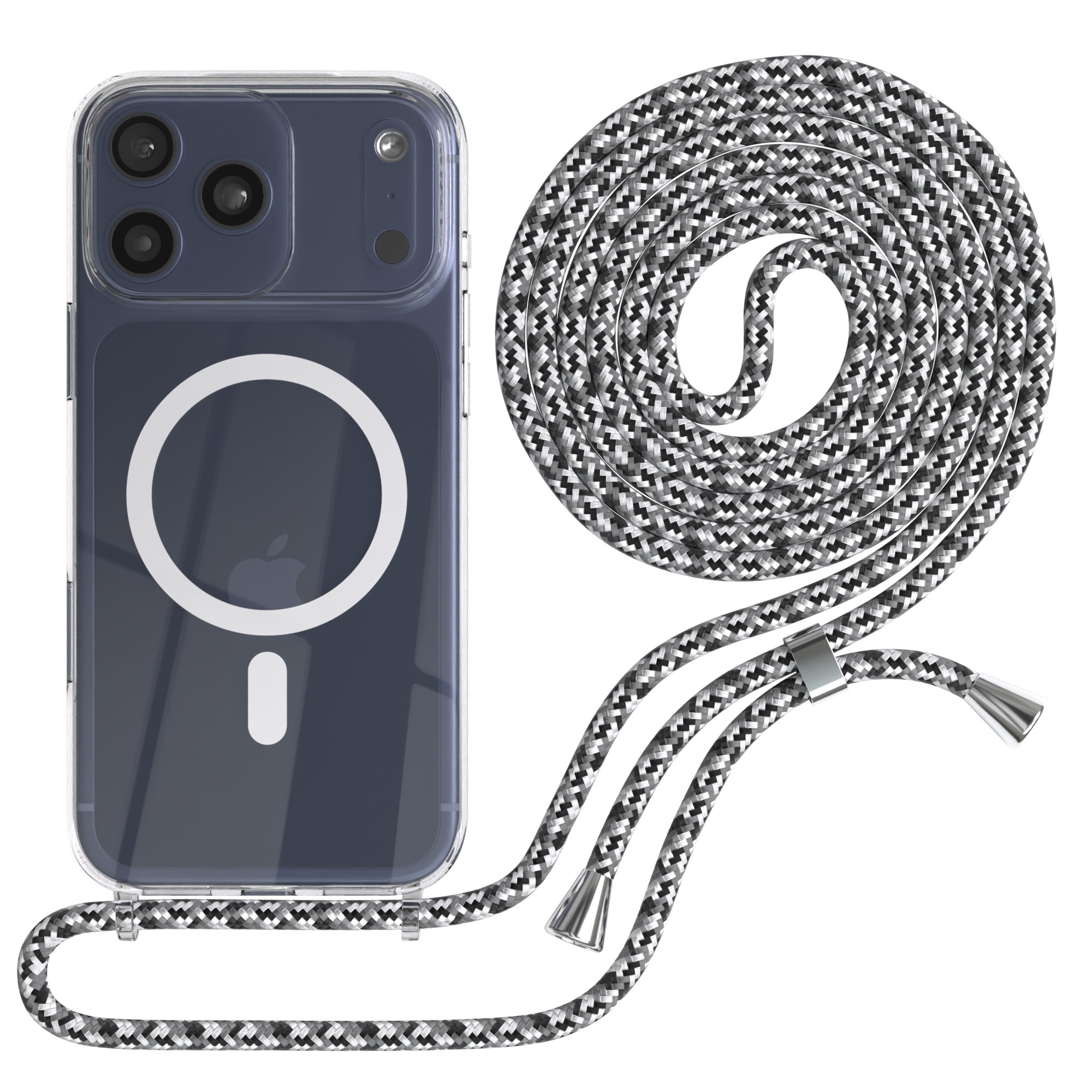 Transparente iPhone-Hülle mit schwarzem und grauem Seilband. Die Hülle zeigt die Kamera und das Apple-Logo.