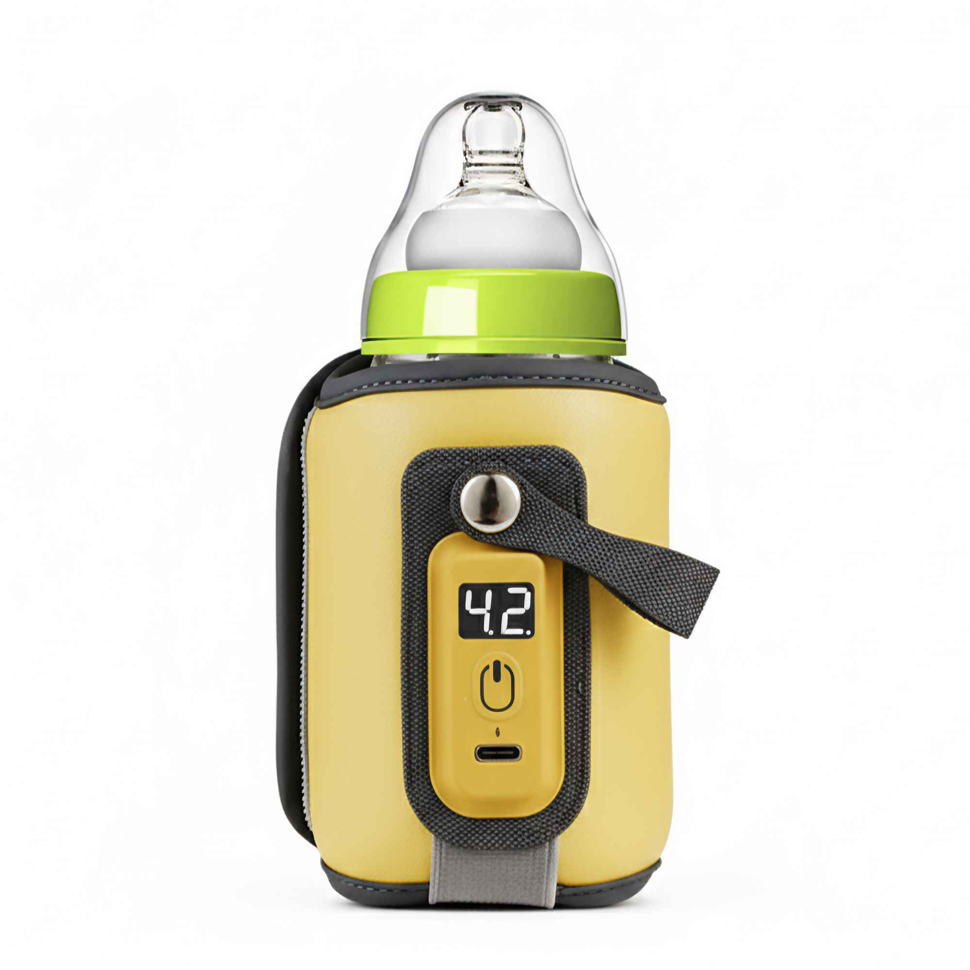 Ein gelber Babyflaschenwärmer mit einer Flasche darin. Er hat eine Digitalanzeige mit der Temperatur.