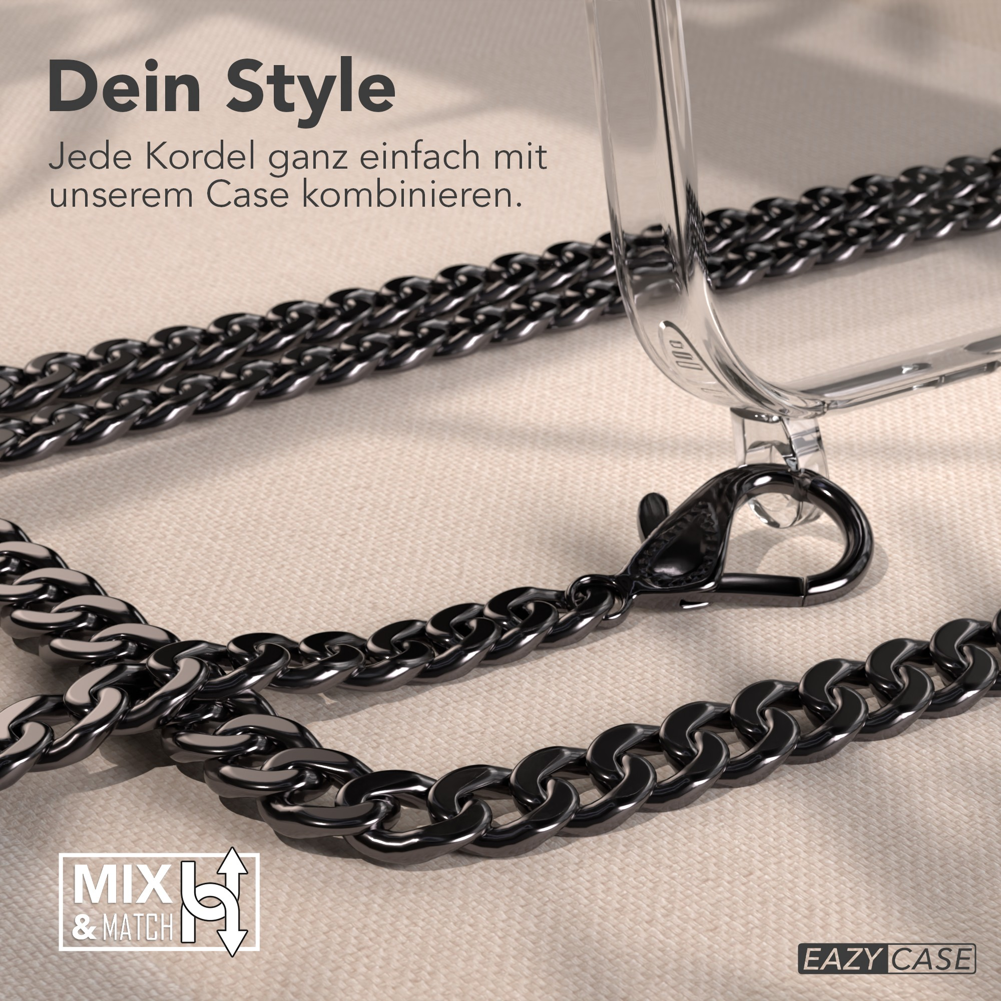 Eine klare Handyhülle mit schwarzer Kette. Oben steht "Dein Style". Der Hintergrund ist beige.