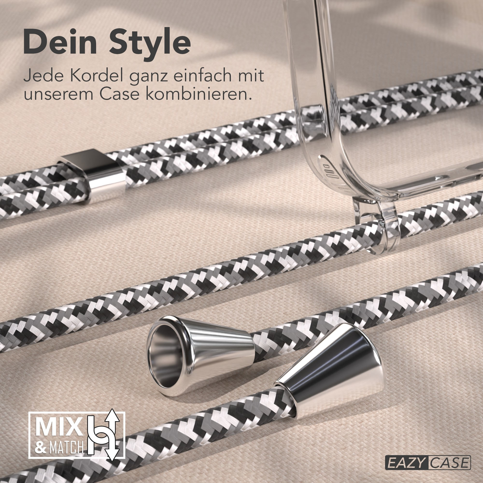 Nahaufnahme von Handy-Zubehör. Geflochtene Kordeln in Grau, Weiß und Schwarz mit Metallakzenten. Text: Mix & Match, Eazy Case.