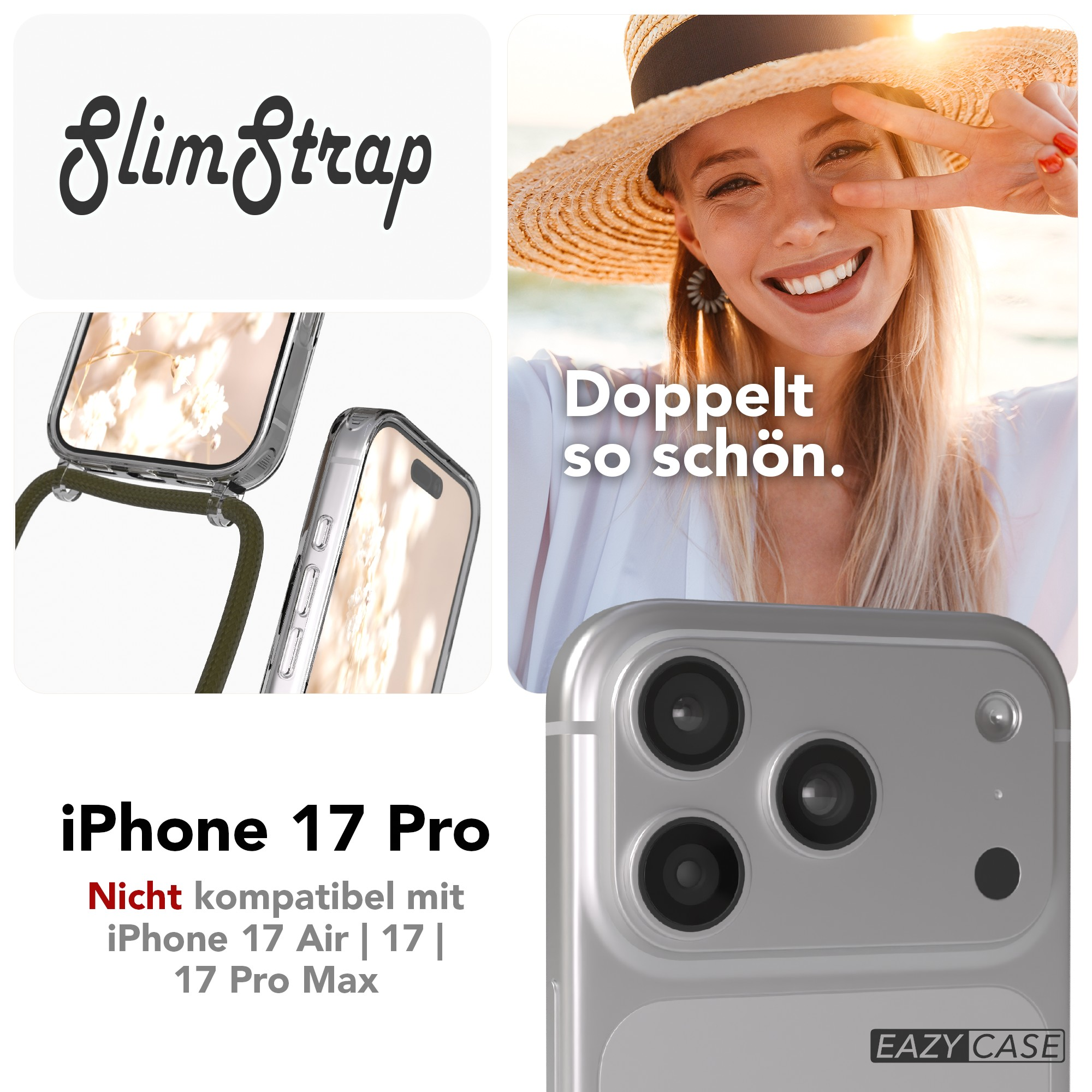 Eine Frau lächelt mit Hut, eine Handyhülle und ein Trageriemen sind abgebildet, mit Text: SlimStrap, iPhone 17 Pro und Doppelt so schön.
