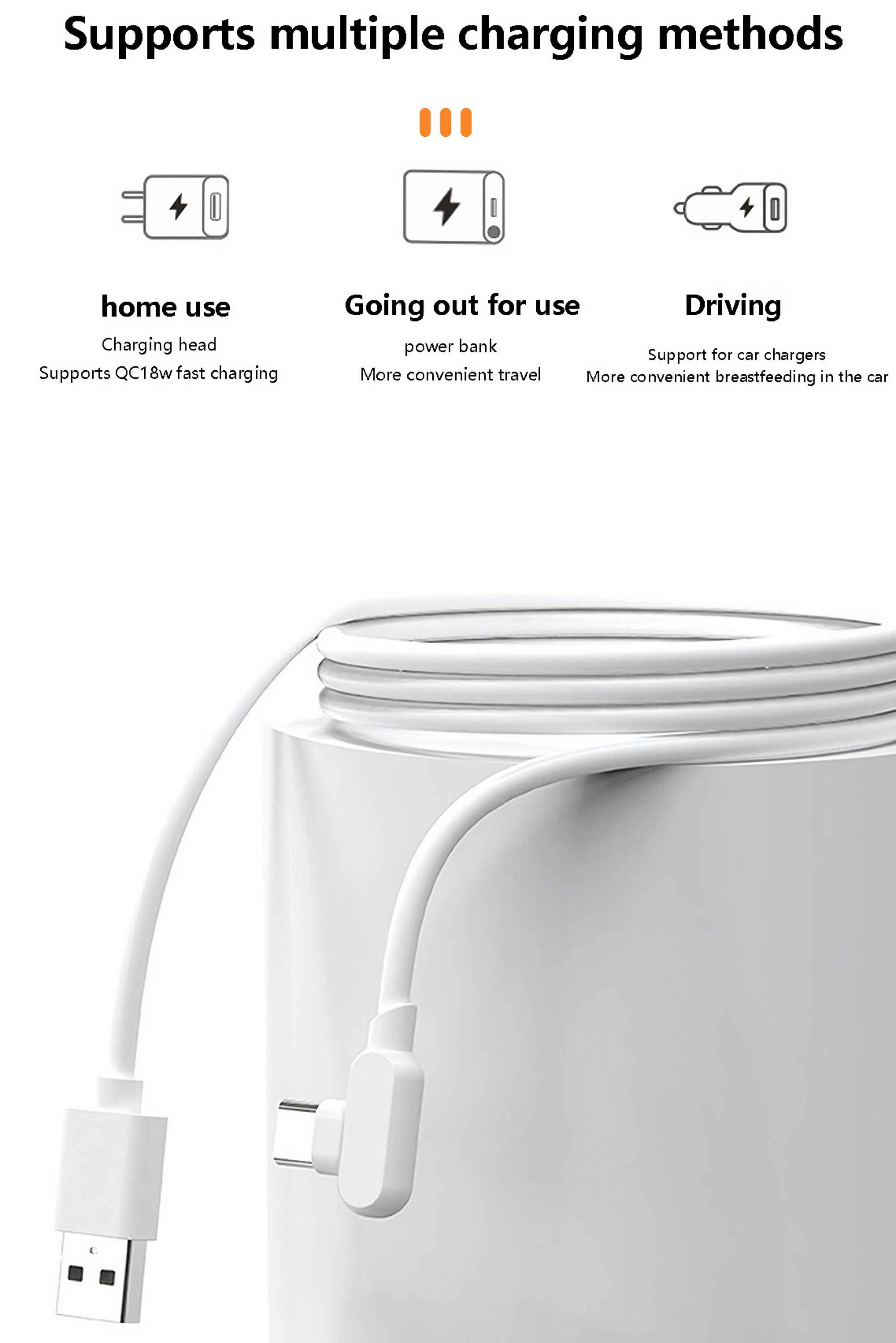 Das Bild zeigt mehrere Lademethoden: zu Hause, unterwegs und beim Fahren. Kabel und Anschlüsse sind sichtbar. Text beschreibt jede Methode.
