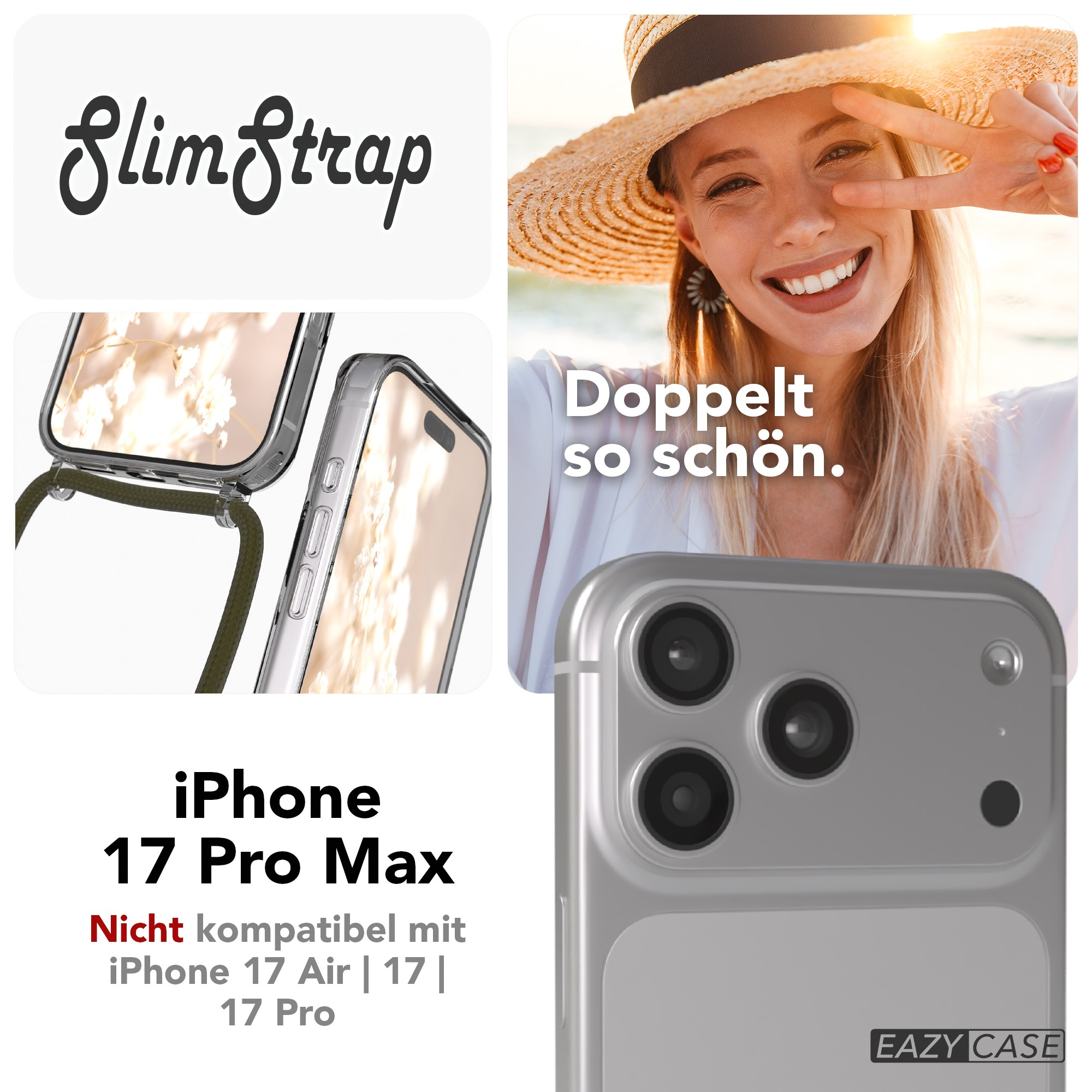 Das Bild zeigt eine Frau mit Hut, Handyhülle und Text: iPhone 17 Pro Max und SlimStrap.
