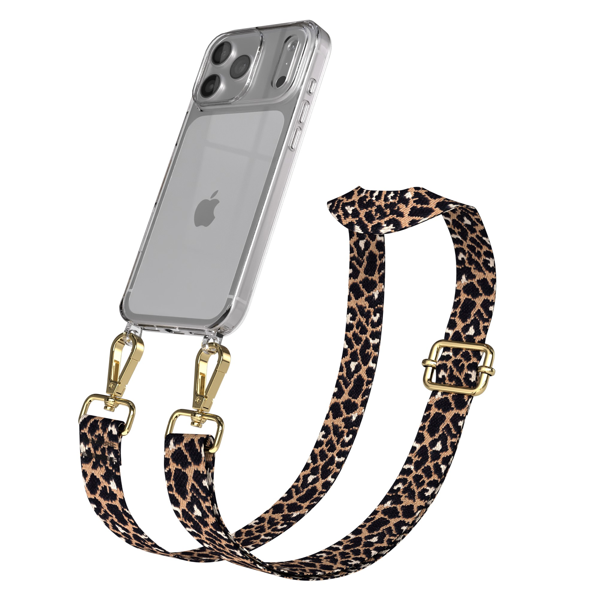 Transparente Handyhülle mit goldfarbener Hardware und Leopardenmuster-Trageriemen. Das Handy hat drei Kameras.