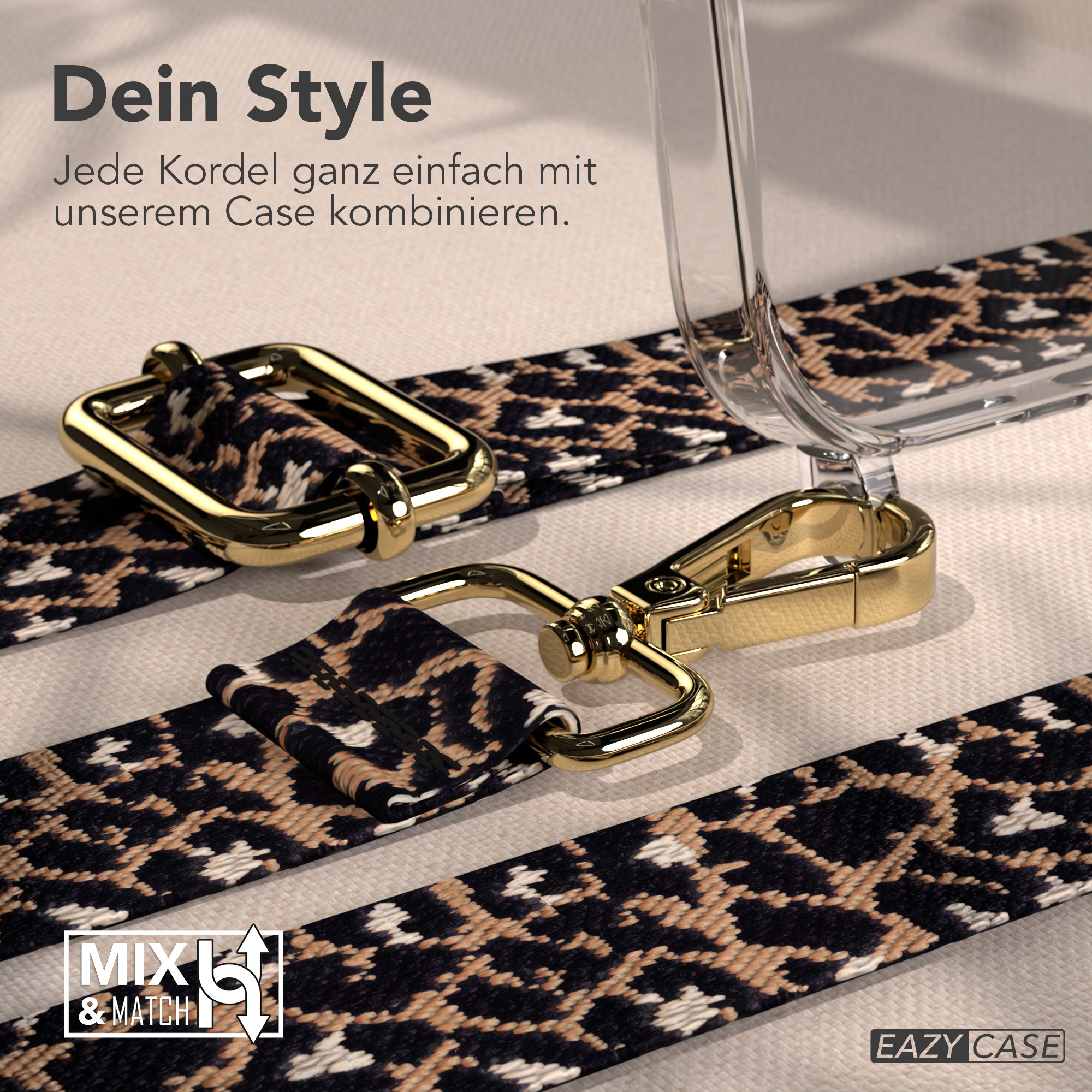 Leopardmuster-Träger mit goldenen Verschlüssen und eine transparente Handyhülle, vor beigem Hintergrund. Der Text lautet Dein Style.