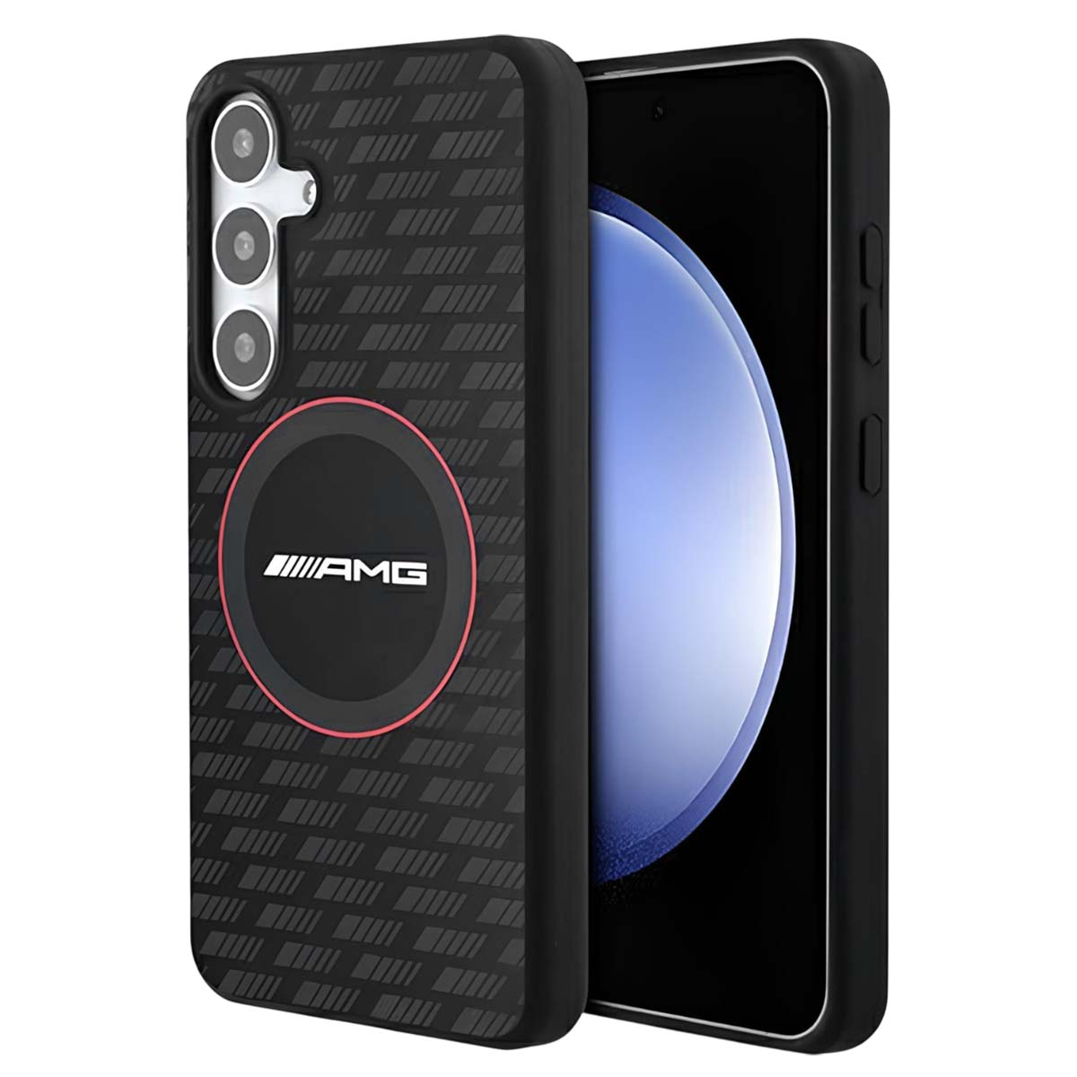 Un telefono in una custodia nera con il logo AMG. La custodia ha un motivo di linee diagonali. Lo schermo del telefono è visibile.