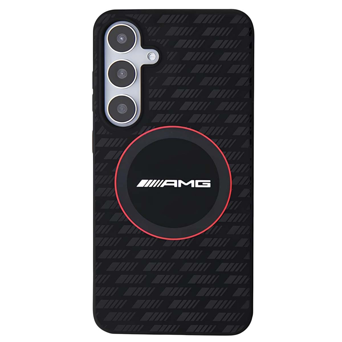 Custodia nera per telefono con fotocamera e logo AMG. Anello rosso attorno al logo. Design a motivi.