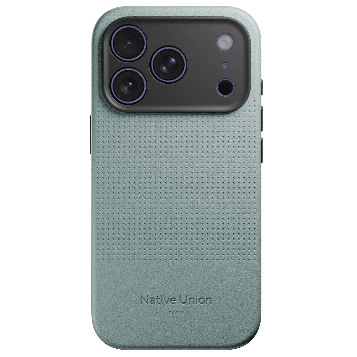 Una custodia per telefono verde menta con un ritaglio nero per la fotocamera. Ha tre obiettivi. Il marchio Native Union è in basso.