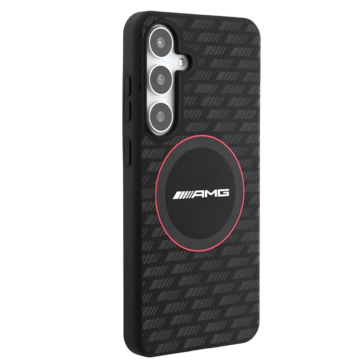 Custodia nera per telefono con logo AMG, fotocamera e motivo. La custodia è inclinata verso destra.