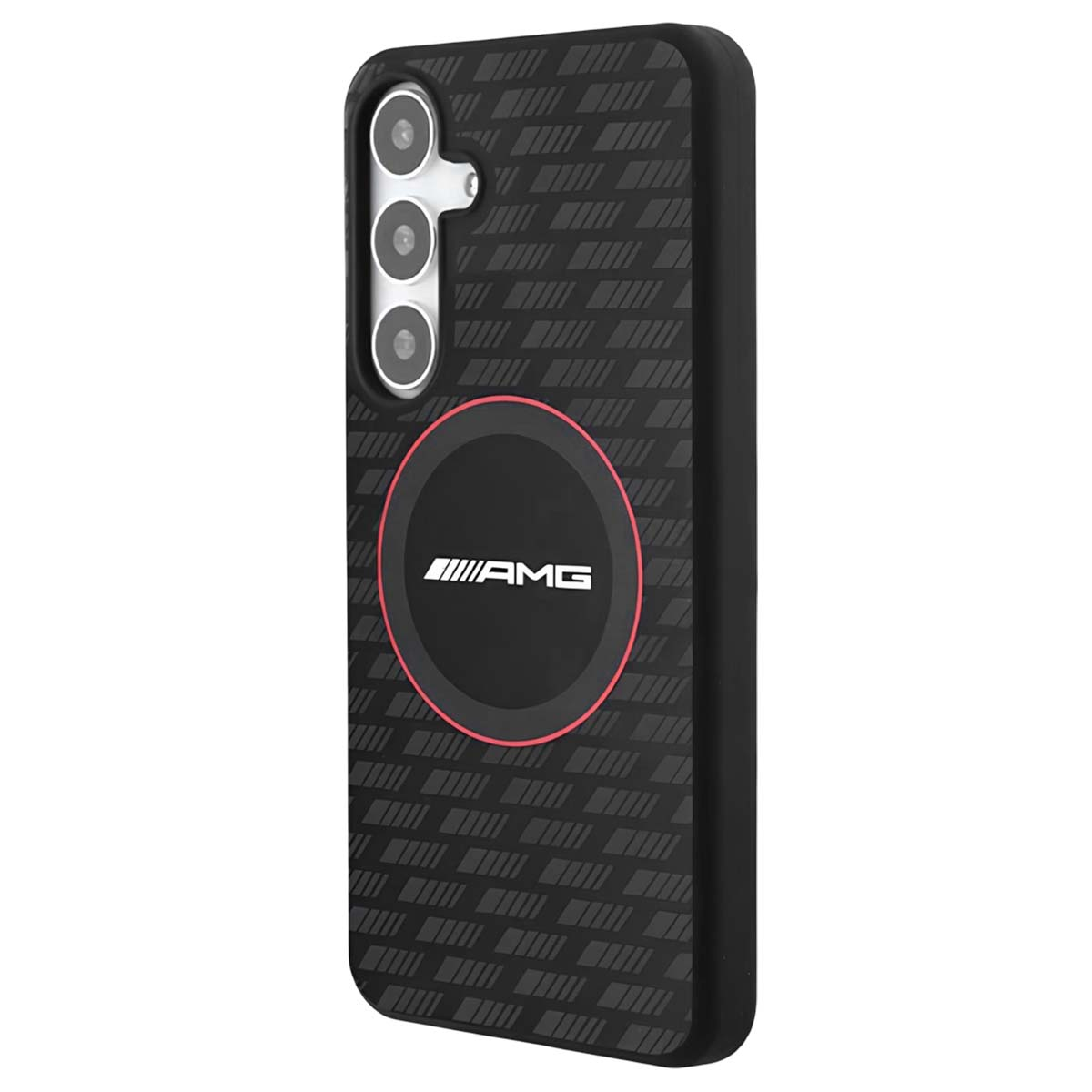 Custodia per telefono nera con logo AMG. Ha un design a motivi e un cerchio rosso. La fotocamera del telefono è visibile.
