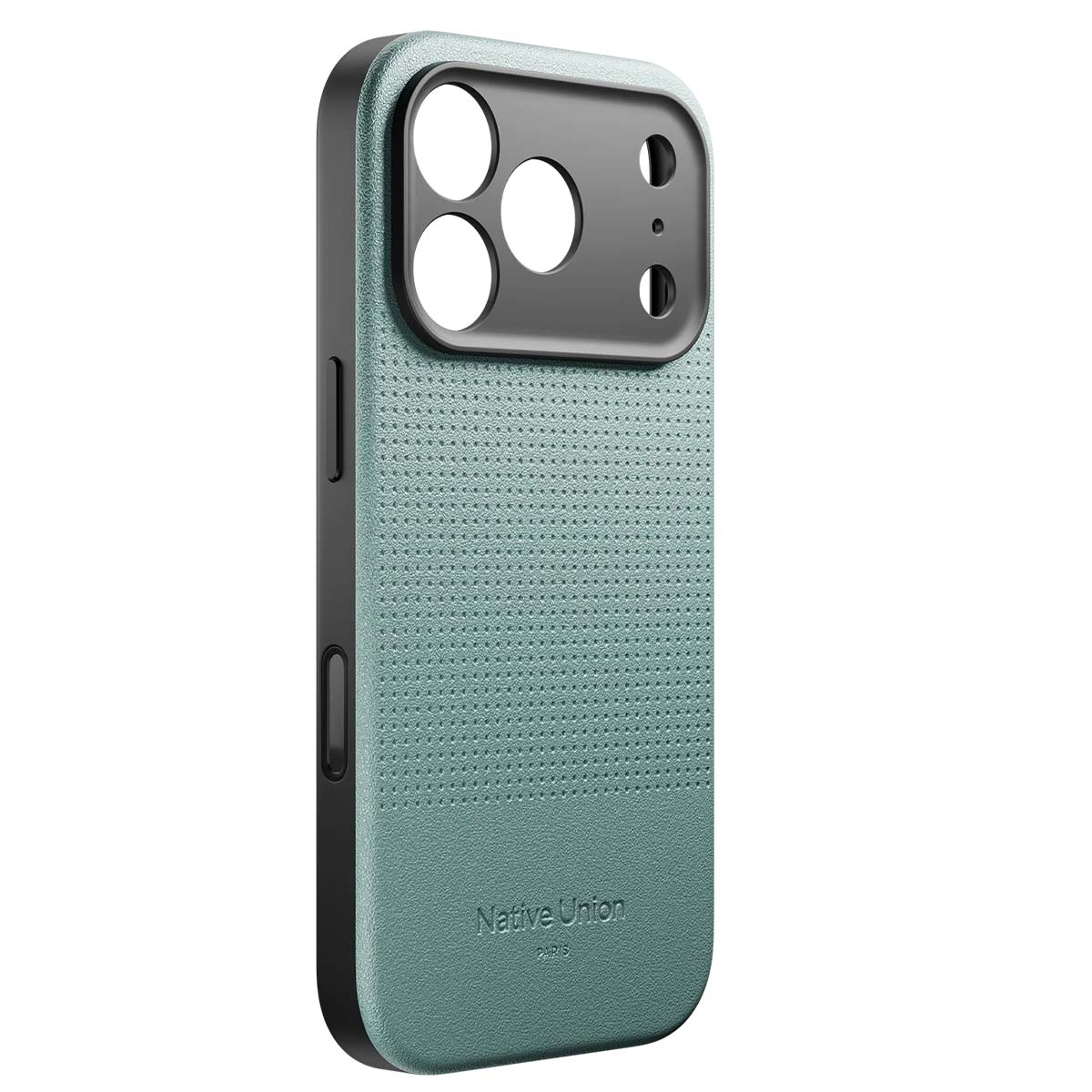 Una custodia per telefono verde acqua con dettagli neri e ritagli per la fotocamera. La custodia ha una superficie strutturata e il marchio 'Native Union'.