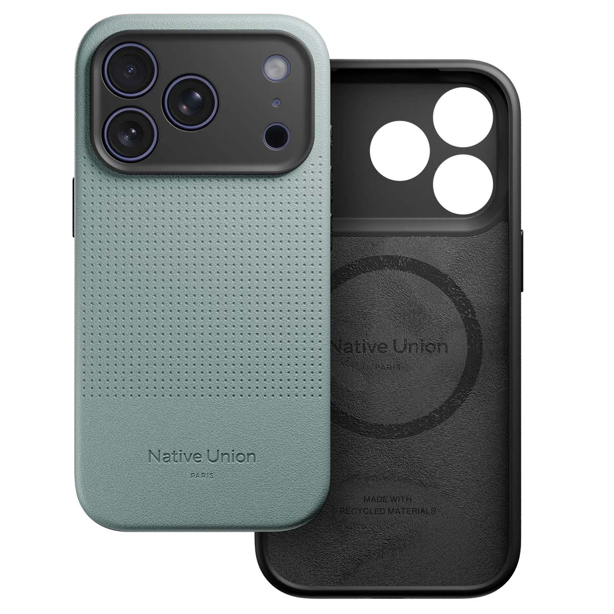 Due custodie per telefoni. Una verde acqua con fori, l'altra nera. Entrambe hanno il logo Native Union.