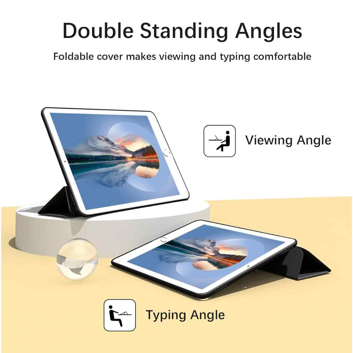 Zwei Tablets in verschiedenen Positionen, die Betrachtungs- und Tippwinkel zeigen. Auf der linken Seite befindet sich eine durchsichtige Kugel.