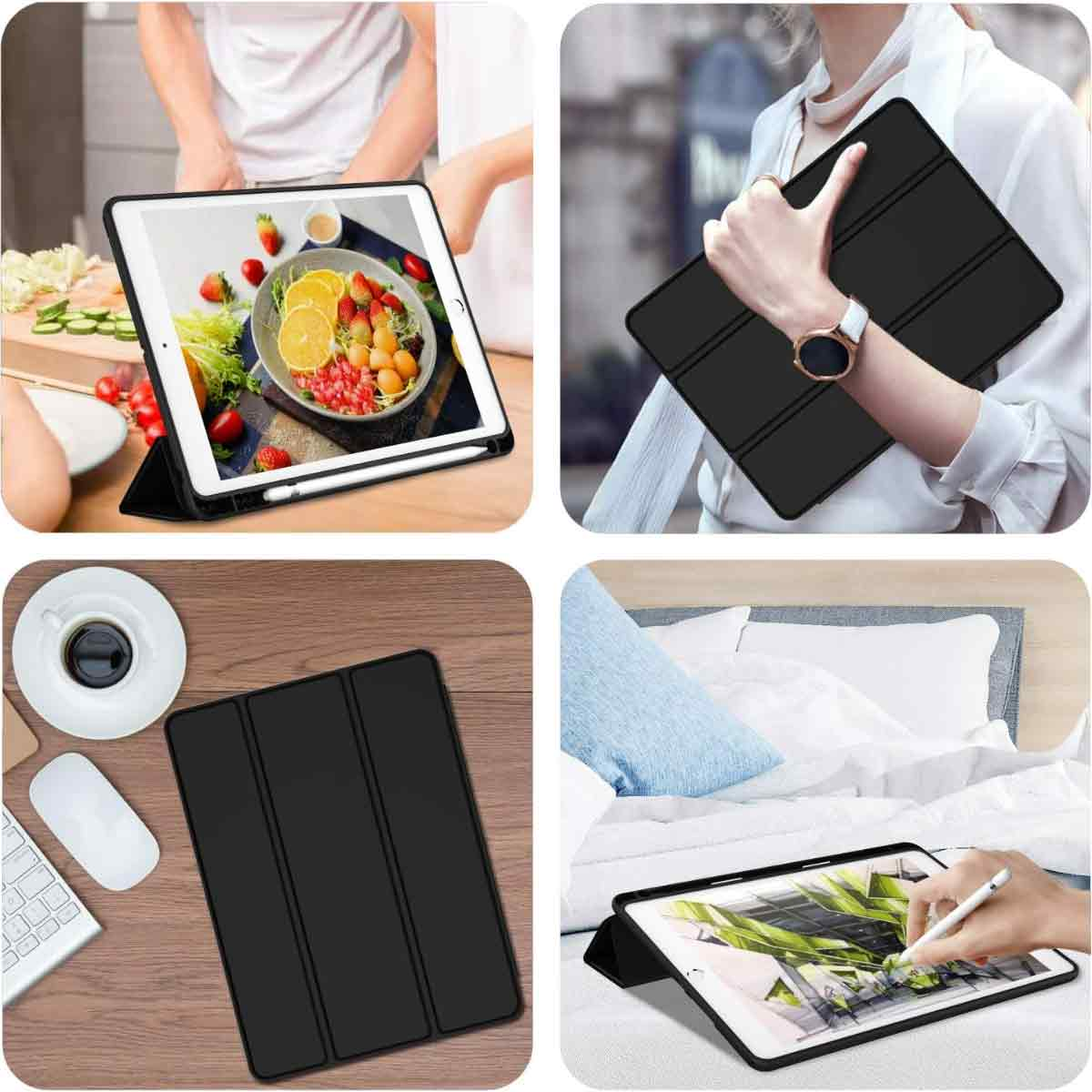 Vier Bilder, die ein Tablet in verschiedenen Umgebungen zeigen, mit einer schwarzen Hülle. Eines zeigt Essen auf dem Tablet. Andere zeigen es in Händen.